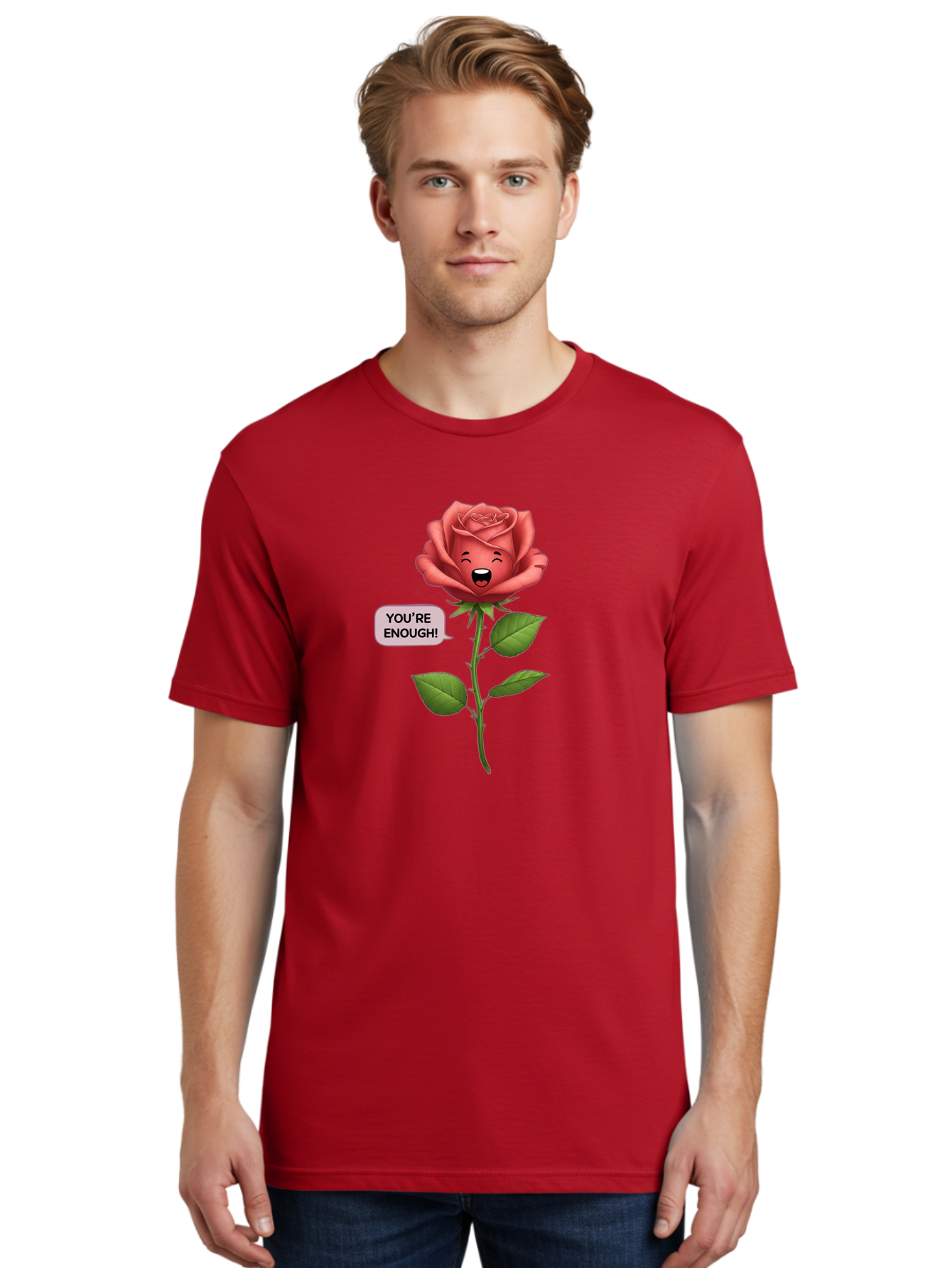 You-Re-Enough-Rose Men'S Graphic Tee, 100% Cotton, Comfortable Casual Summer Wear, Machine Washable, Rose With Face, You'Re Enough! Text, Positive Affirmation, Self-Love, Empowerment, Motivational Quote, Love Yourself, Floral Illustration, Bae332
