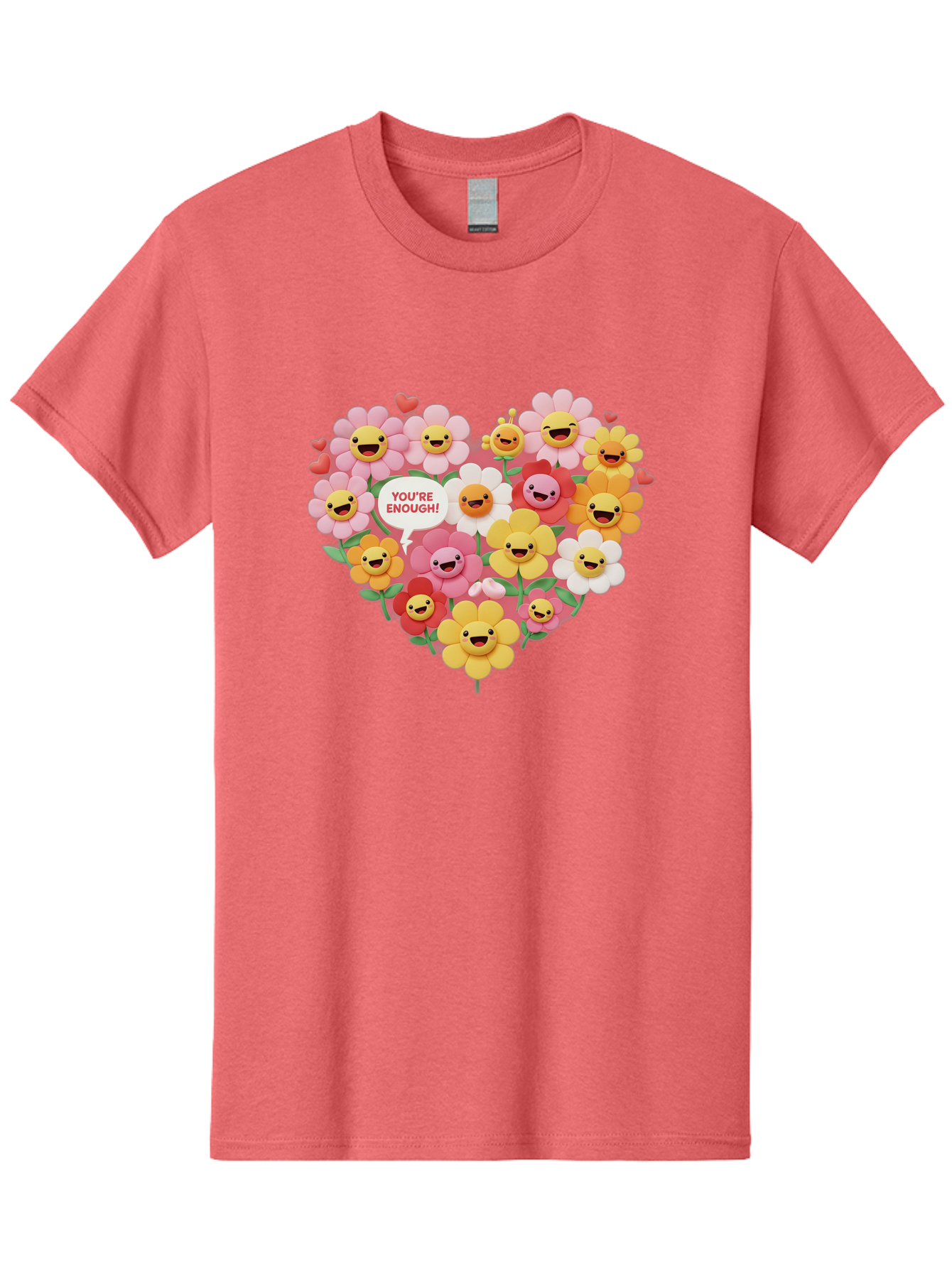 You-Re-Enough Men'S Graphic Tee, 100% Cotton, Comfortable Casual Summer Wear, Machine Washable, Heart-Shaped Arrangement Of Flowers, Smiling Emojis, Positive Affirmation, You'Re Enough, Cute Design, Floral Pattern, Uplifting Message, Bae333