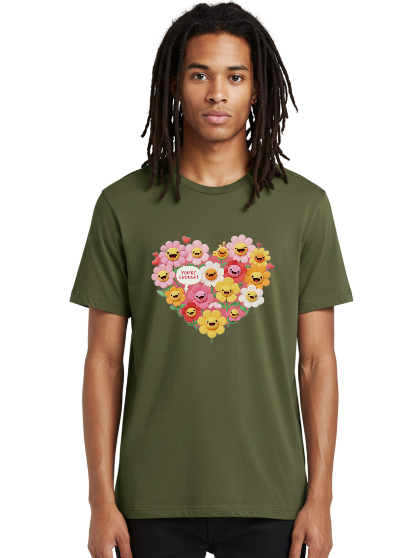 You-Re-Enough Men'S Graphic Tee, 100% Cotton, Comfortable Casual Summer Wear, Machine Washable, Heart-Shaped Arrangement Of Flowers, Smiling Emojis, Positive Affirmation, You'Re Enough, Cute Design, Floral Pattern, Uplifting Message, Bae333