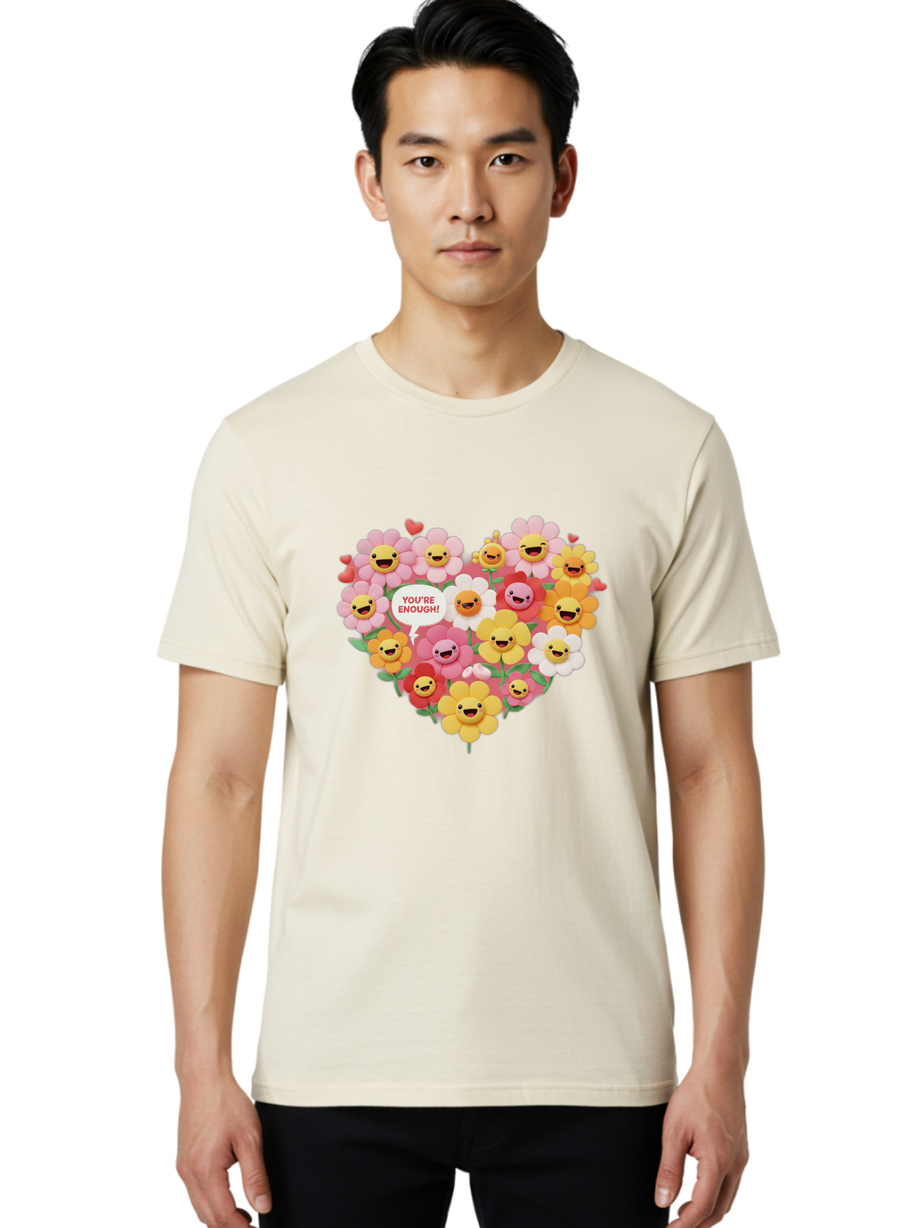 You-Re-Enough Men'S Graphic Tee, 100% Cotton, Comfortable Casual Summer Wear, Machine Washable, Heart-Shaped Arrangement Of Flowers, Smiling Emojis, Positive Affirmation, You'Re Enough, Cute Design, Floral Pattern, Uplifting Message, Bae333