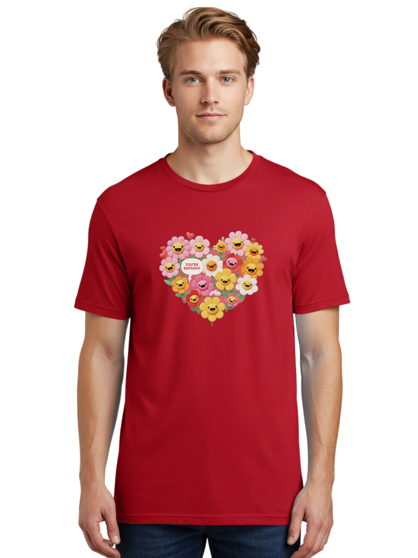 You-Re-Enough Men'S Graphic Tee, 100% Cotton, Comfortable Casual Summer Wear, Machine Washable, Heart-Shaped Arrangement Of Flowers, Smiling Emojis, Positive Affirmation, You'Re Enough, Cute Design, Floral Pattern, Uplifting Message, Bae333
