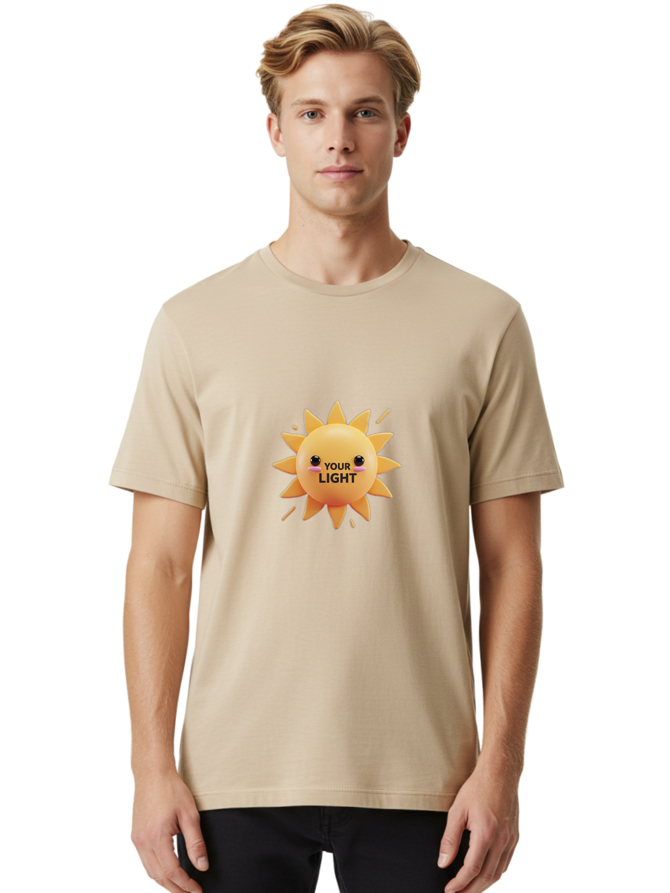 Your-Light-1 Men'S Graphic Tee, 100% Cotton, Comfortable Casual Summer Wear, Machine Washable, Smiling Sun, Positive Vibes, Happy Face, Inspirational Quote, Motivational Message, Inner Light, Warm Personality Bae334
