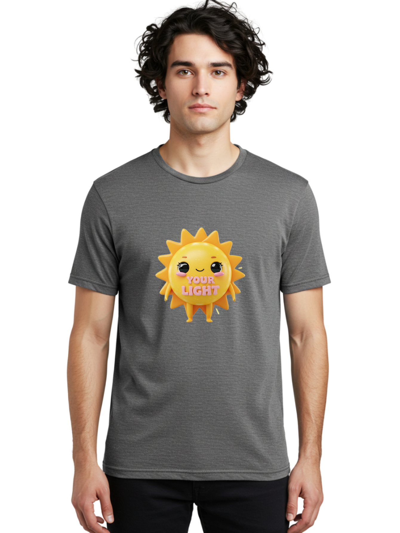 Your-Light Men'S Graphic Tee, 100% Cotton, Comfortable Casual Summer Wear, Machine Washable, Smiling Sun Character, Cute Cartoon Sun, Positive Vibes, Inspirational Quote, Sunshine Illustration, Happy Face, Yellow Sun, Inner Light Bae335