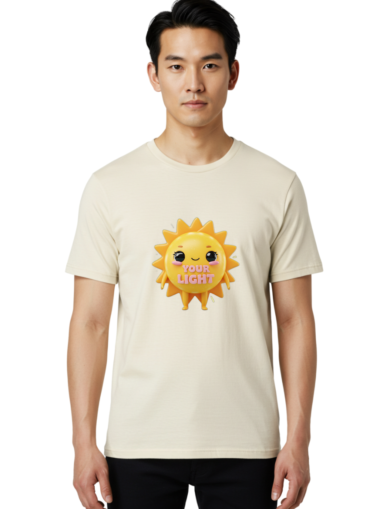 Your-Light Men'S Graphic Tee, 100% Cotton, Comfortable Casual Summer Wear, Machine Washable, Smiling Sun Character, Cute Cartoon Sun, Positive Vibes, Inspirational Quote, Sunshine Illustration, Happy Face, Yellow Sun, Inner Light Bae335