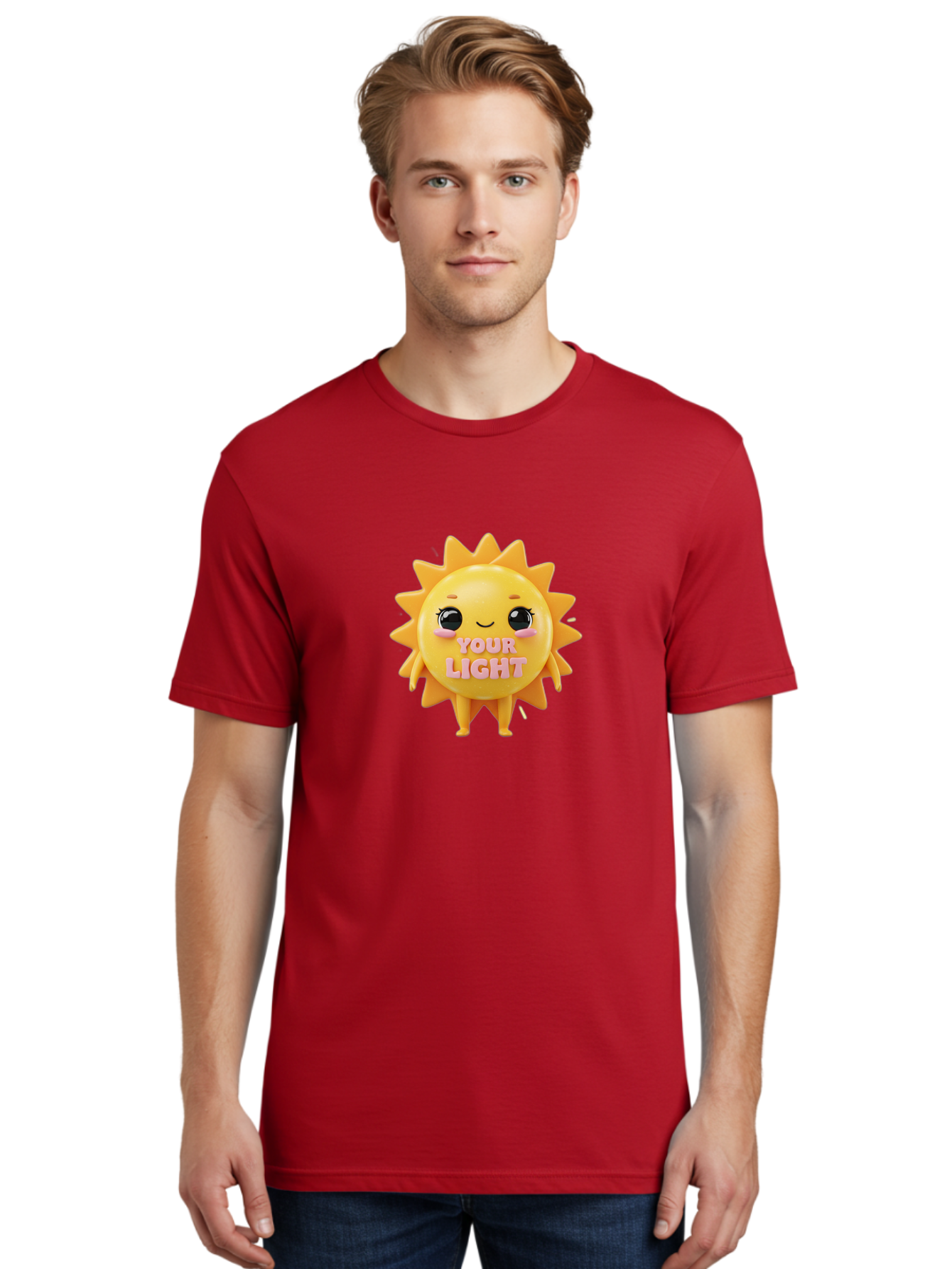 Your-Light Men'S Graphic Tee, 100% Cotton, Comfortable Casual Summer Wear, Machine Washable, Smiling Sun Character, Cute Cartoon Sun, Positive Vibes, Inspirational Quote, Sunshine Illustration, Happy Face, Yellow Sun, Inner Light Bae335