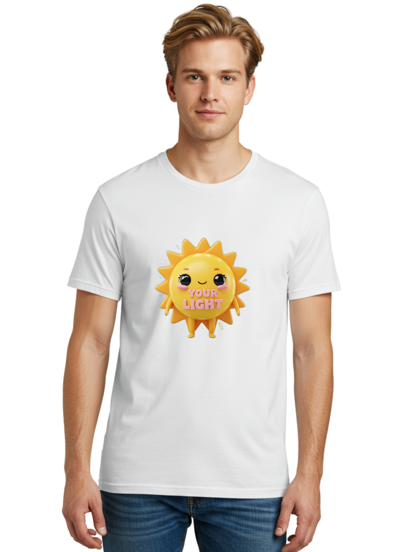Your-Light Men'S Graphic Tee, 100% Cotton, Comfortable Casual Summer Wear, Machine Washable, Smiling Sun Character, Cute Cartoon Sun, Positive Vibes, Inspirational Quote, Sunshine Illustration, Happy Face, Yellow Sun, Inner Light Bae335