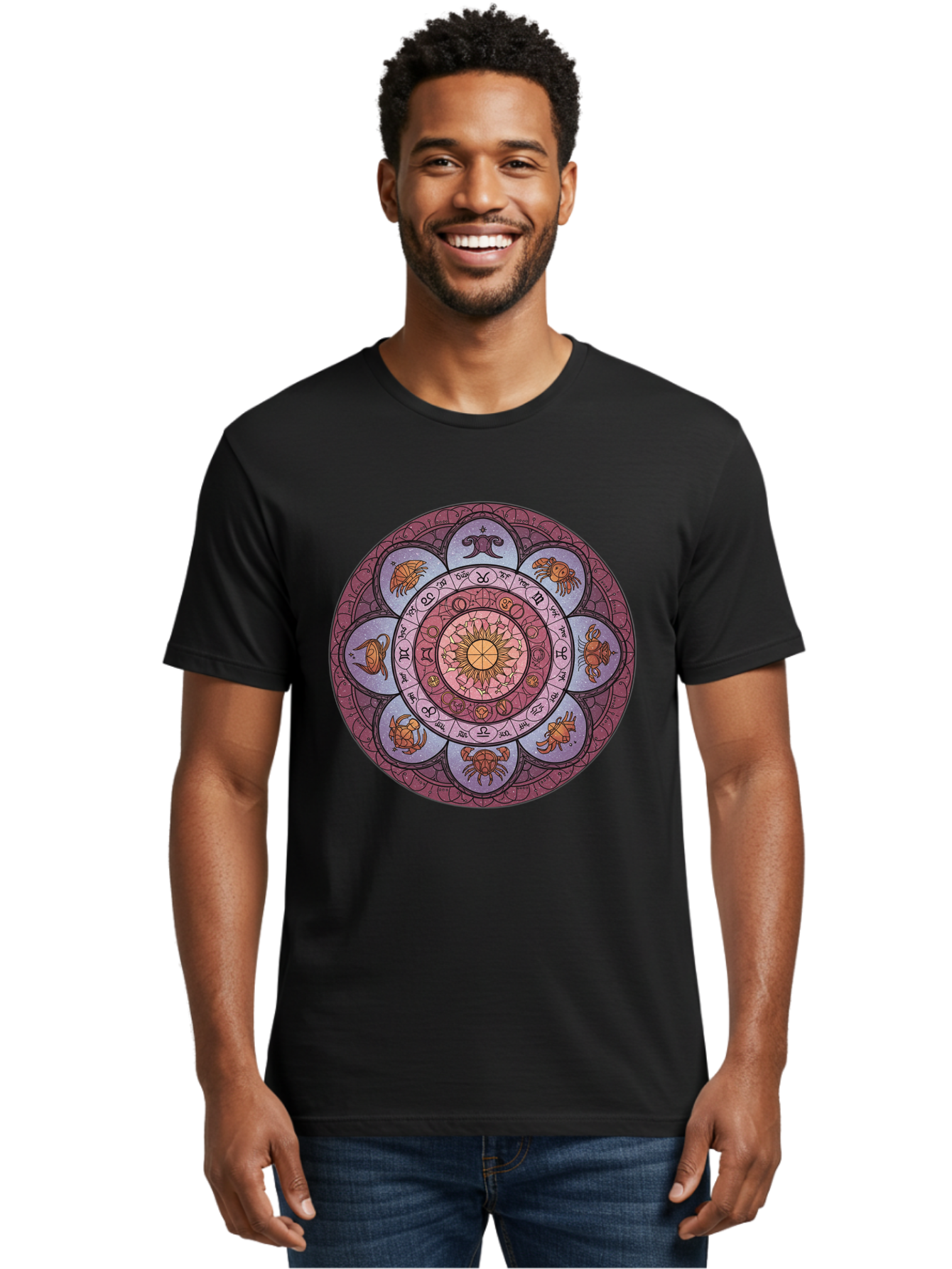 Zodiac-Circle-1 Men'S Graphic Tee, 100% Cotton, Comfortable Casual Summer Wear, Machine Washable, Zodiac Signs, Astrology Symbols, Celestial Wheel, Mandala Design, Spiritual Pattern, Mystical Art, Horoscope Chart, Esoteric Symbolism, Bae336