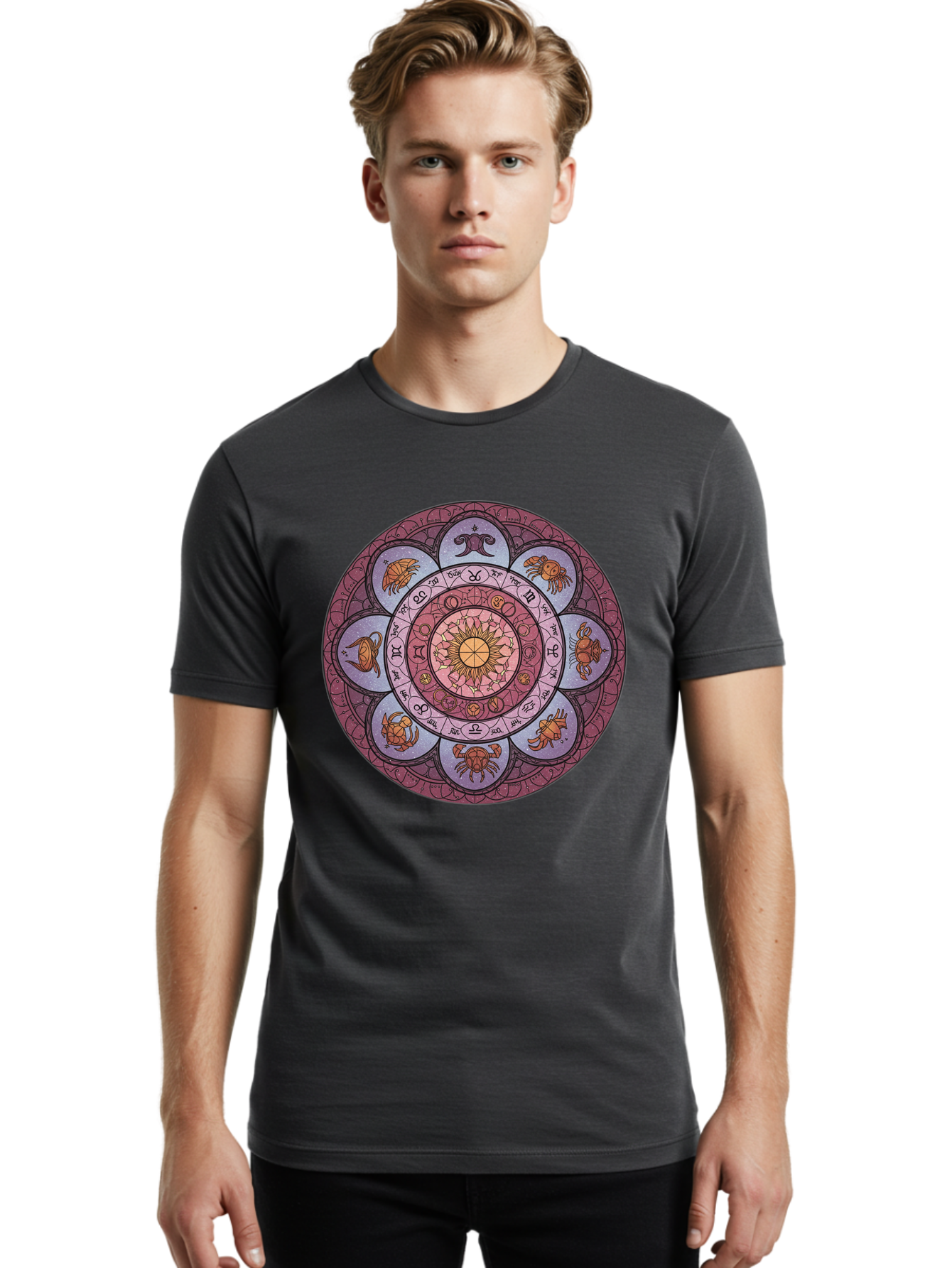 Zodiac-Circle-1 Men'S Graphic Tee, 100% Cotton, Comfortable Casual Summer Wear, Machine Washable, Zodiac Signs, Astrology Symbols, Celestial Wheel, Mandala Design, Spiritual Pattern, Mystical Art, Horoscope Chart, Esoteric Symbolism, Bae336