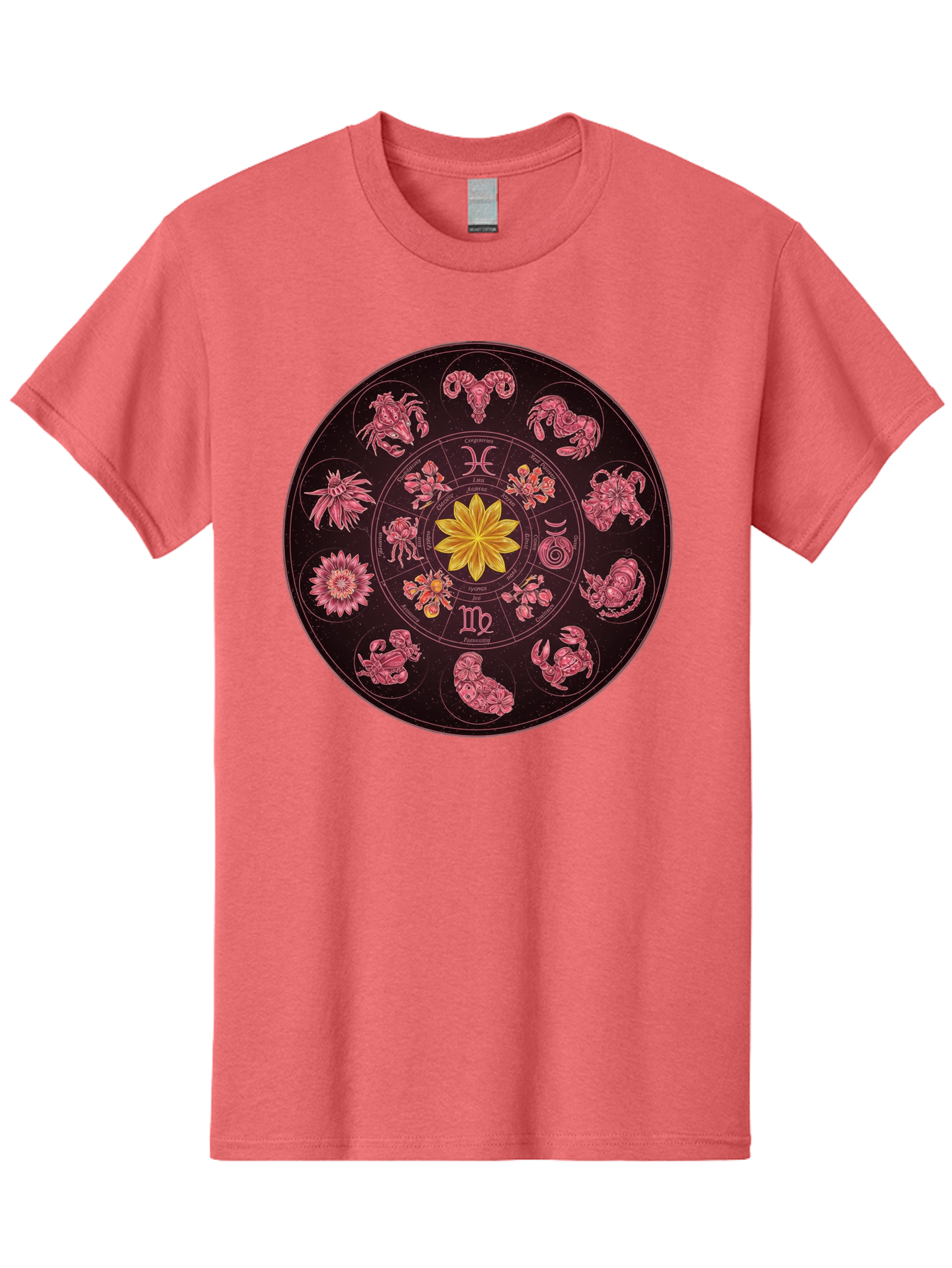 Zodiac-Circle Men'S Graphic Tee, 100% Cotton, Comfortable Casual Summer Wear, Machine Washable, Zodiac Wheel, Astrological Symbols, Floral Centerpiece, Mystical Design, Cancer, Capricorn, Virgo, Pink Illustrations, Yellow Flower, Esoteric Art, Bae337