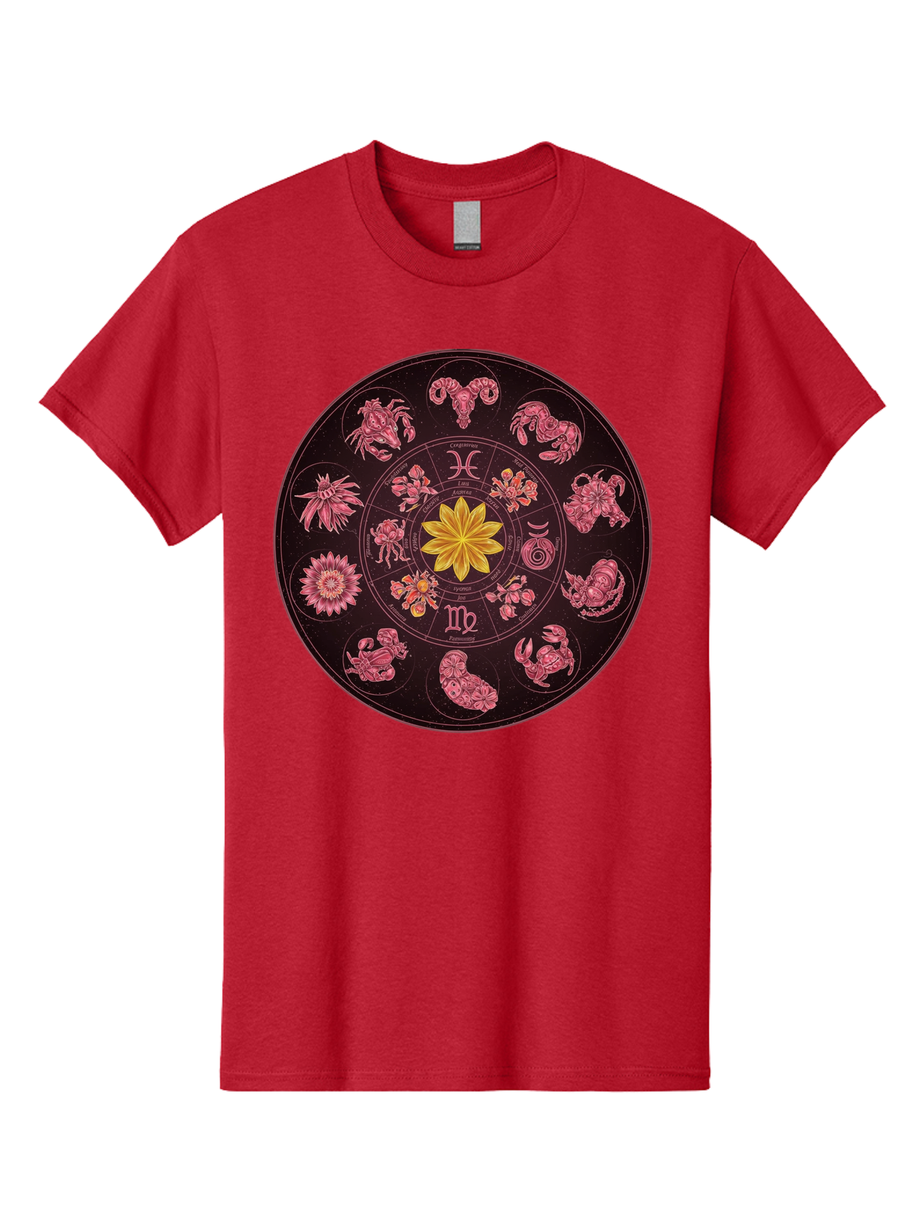 Zodiac-Circle Men'S Graphic Tee, 100% Cotton, Comfortable Casual Summer Wear, Machine Washable, Zodiac Wheel, Astrological Symbols, Floral Centerpiece, Mystical Design, Cancer, Capricorn, Virgo, Pink Illustrations, Yellow Flower, Esoteric Art, Bae337