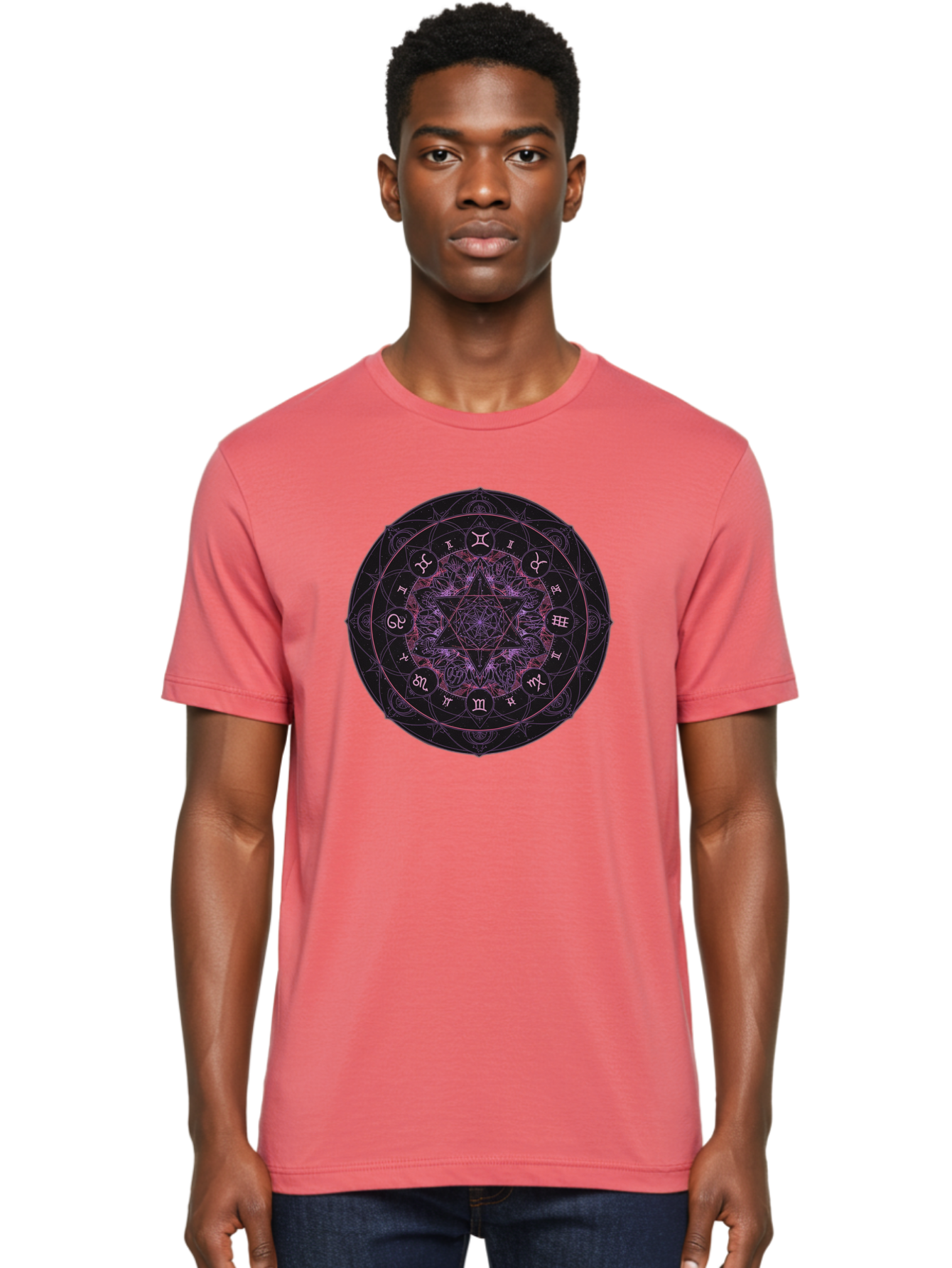 Zodiac-Mandala-1 Men'S Graphic Tee, 100% Cotton, Comfortable Casual Summer Wear, Machine Washable, Kabbalah Symbols, Zodiac Signs, Mystic Mandala, Sacred Geometry, Spiritual Art, Magical Symbols, Esoteric Wheel, Mystical Astrology Bae338