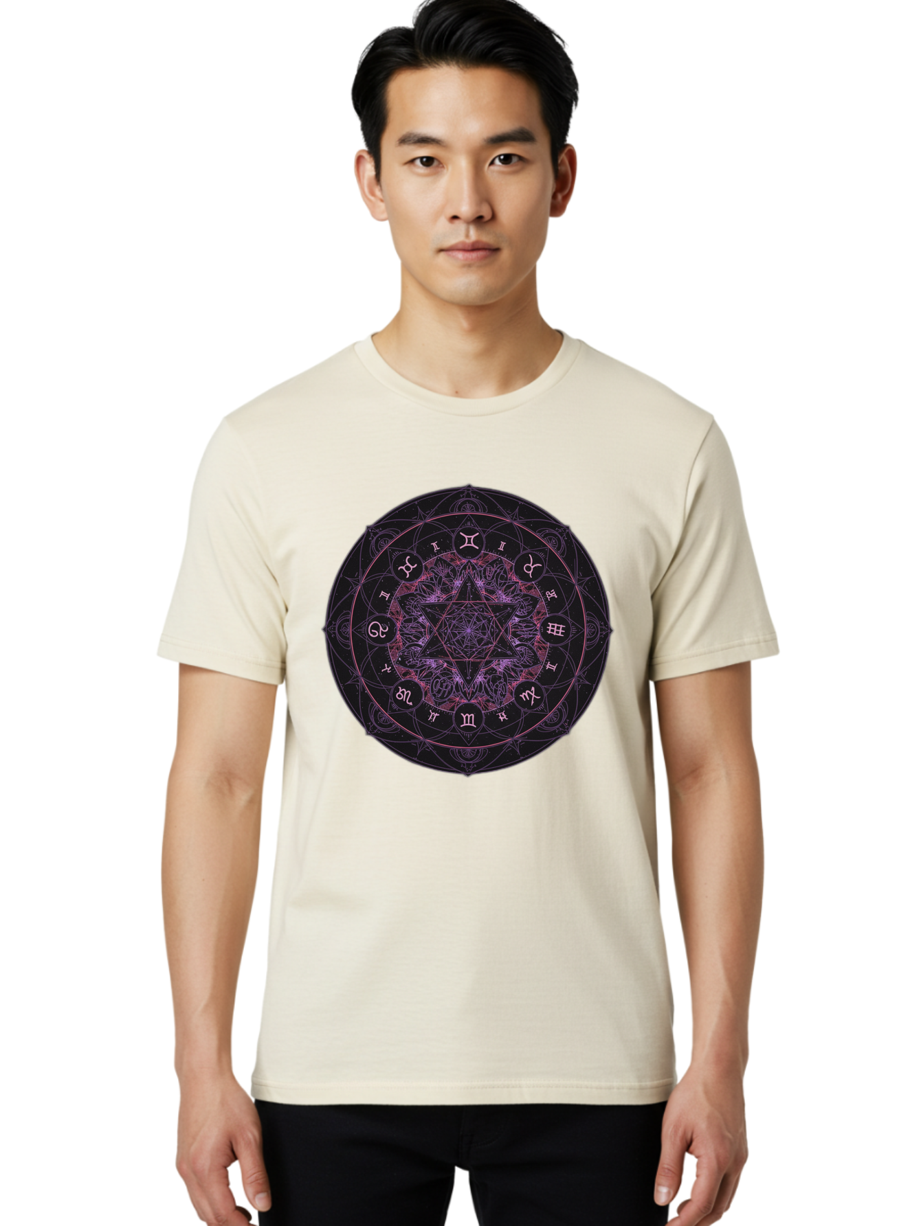 Zodiac-Mandala-1 Men'S Graphic Tee, 100% Cotton, Comfortable Casual Summer Wear, Machine Washable, Kabbalah Symbols, Zodiac Signs, Mystic Mandala, Sacred Geometry, Spiritual Art, Magical Symbols, Esoteric Wheel, Mystical Astrology Bae338