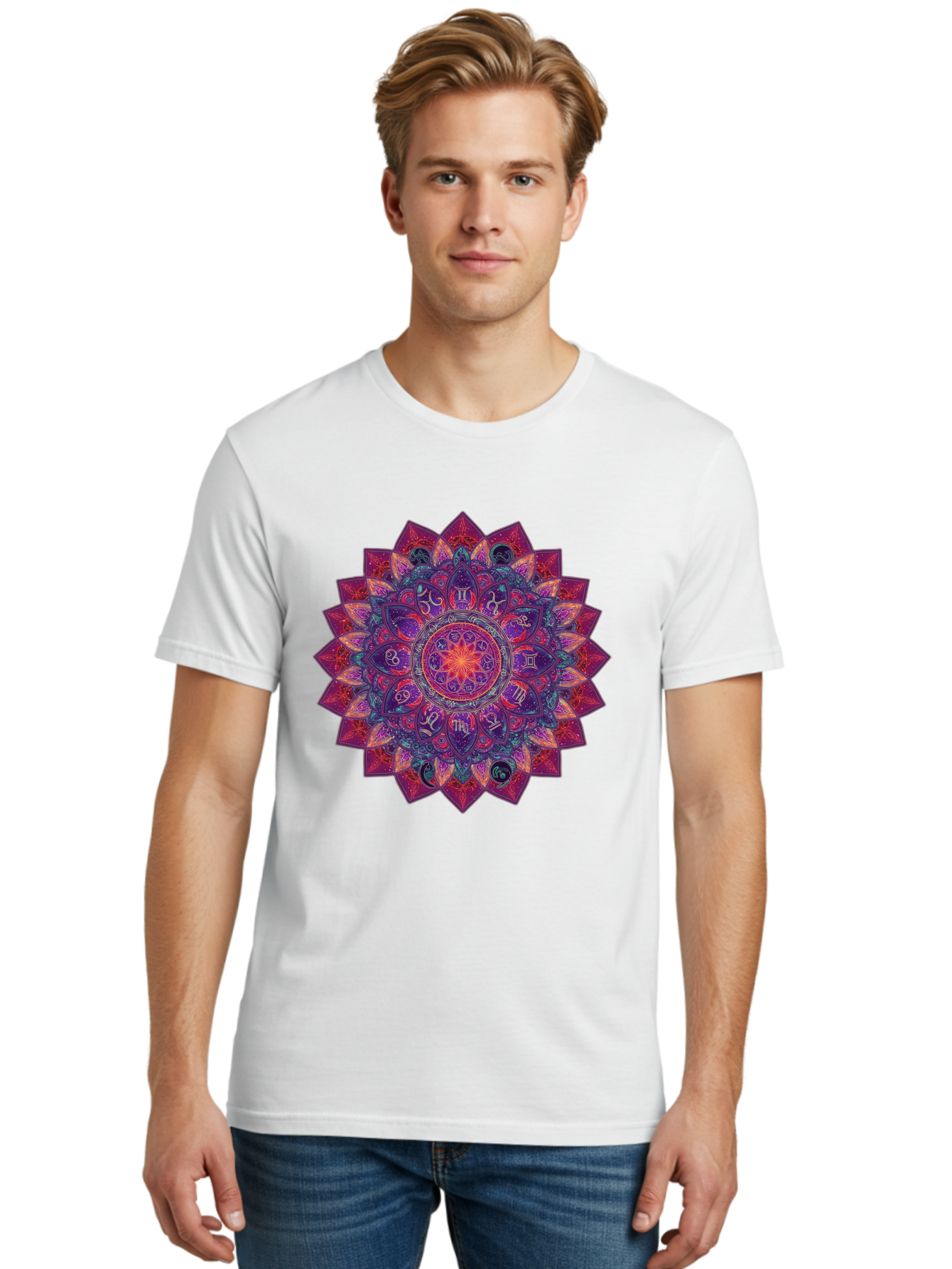 Zodiac-Mandala-2 Men'S Graphic Tee, 100% Cotton, Comfortable Casual Summer Wear, Machine Washable, Zodiac Signs, Astrology Symbols, Mandala Art, Spiritual Design, Mystical Patterns, Colorful Mandala, Intricate Details, Symbolic Representation, Bae339