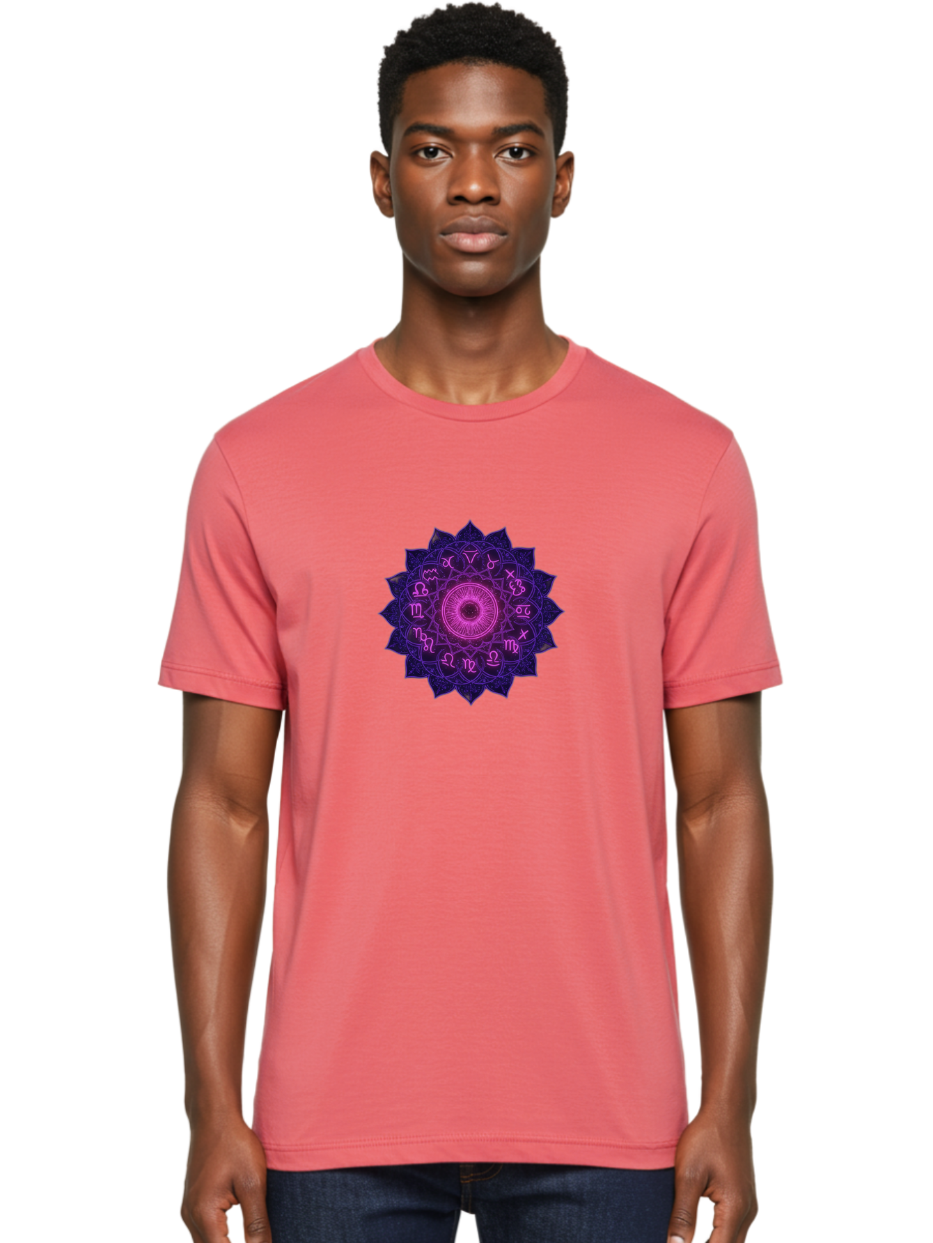Zodiac-Mandala Men'S Graphic Tee, 100% Cotton, Comfortable Casual Summer Wear, Machine Washable, Zodiac Signs, Astrology Symbols, Mystical Art, Spiritual Design, Mandala Pattern, Purple And Pink Hues, Symbolic Representation, Horoscope Signs Bae340