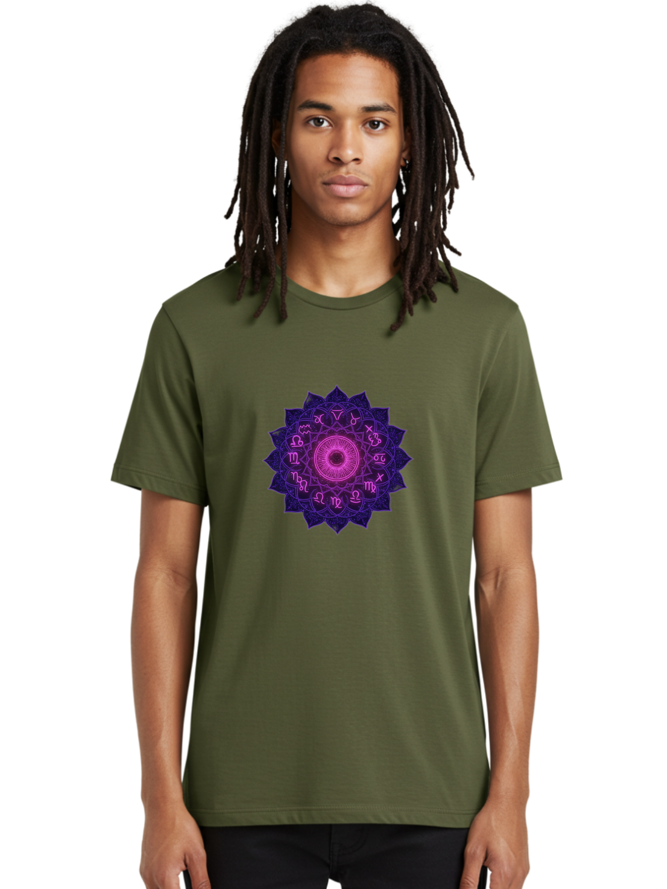 Zodiac-Mandala Men'S Graphic Tee, 100% Cotton, Comfortable Casual Summer Wear, Machine Washable, Zodiac Signs, Astrology Symbols, Mystical Art, Spiritual Design, Mandala Pattern, Purple And Pink Hues, Symbolic Representation, Horoscope Signs Bae340