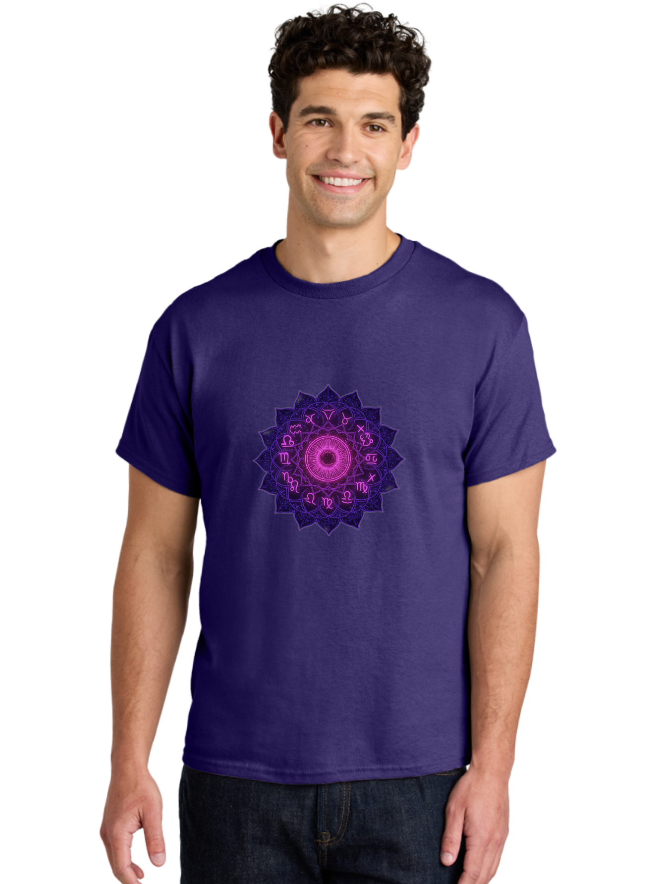 Zodiac-Mandala Men'S Graphic Tee, 100% Cotton, Comfortable Casual Summer Wear, Machine Washable, Zodiac Signs, Astrology Symbols, Mystical Art, Spiritual Design, Mandala Pattern, Purple And Pink Hues, Symbolic Representation, Horoscope Signs Bae340