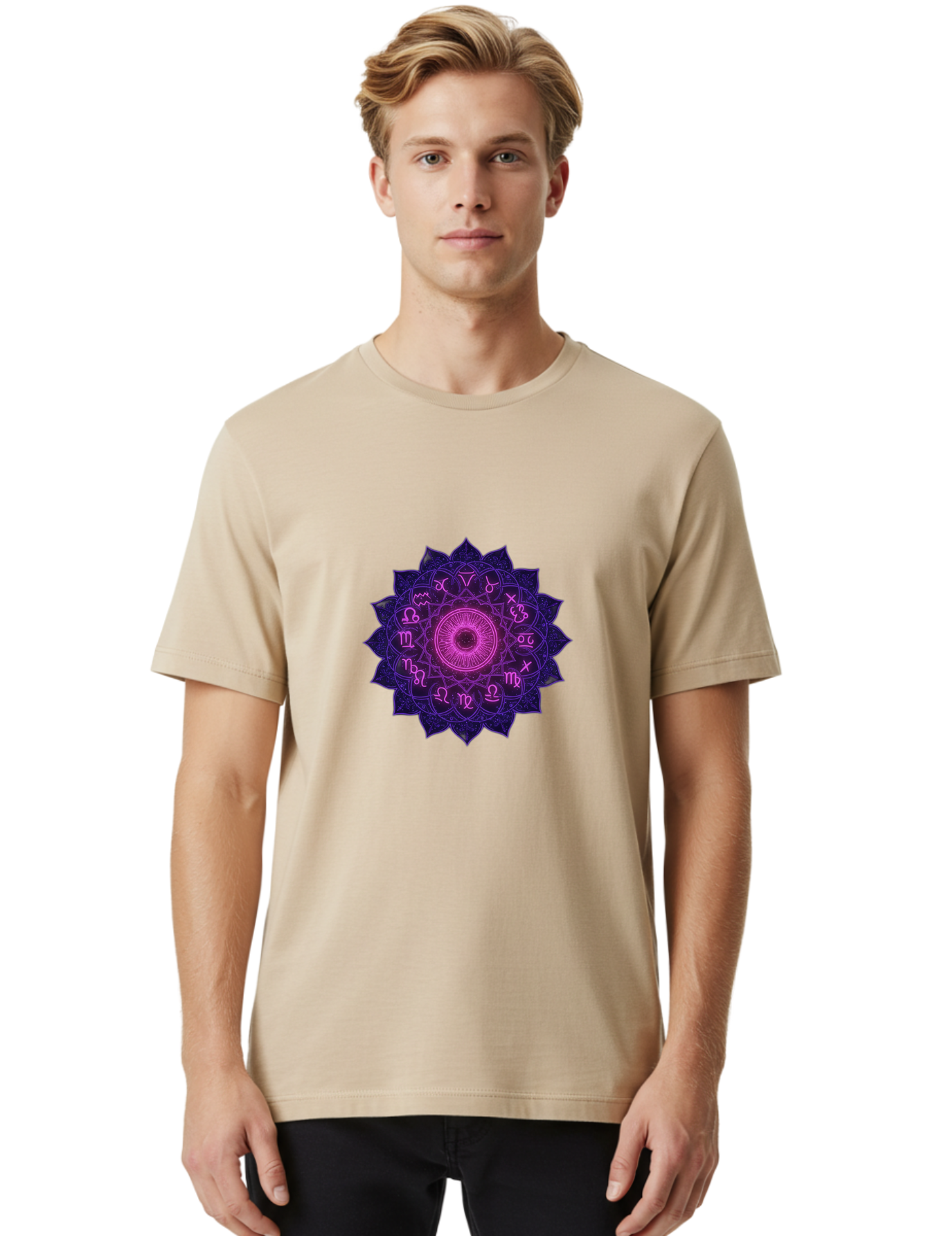 Zodiac-Mandala Men'S Graphic Tee, 100% Cotton, Comfortable Casual Summer Wear, Machine Washable, Zodiac Signs, Astrology Symbols, Mystical Art, Spiritual Design, Mandala Pattern, Purple And Pink Hues, Symbolic Representation, Horoscope Signs Bae340