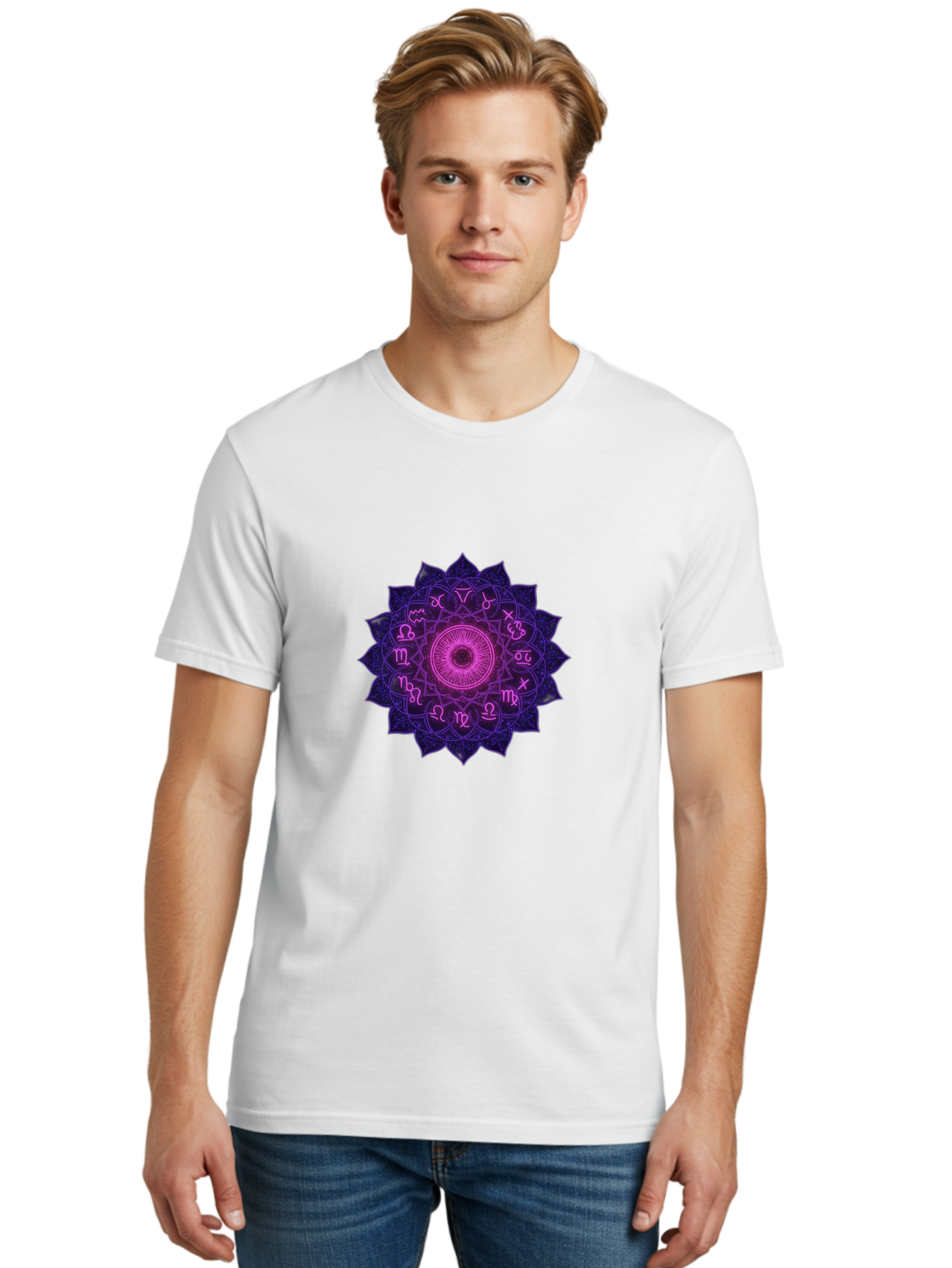 Zodiac-Mandala Men'S Graphic Tee, 100% Cotton, Comfortable Casual Summer Wear, Machine Washable, Zodiac Signs, Astrology Symbols, Mystical Art, Spiritual Design, Mandala Pattern, Purple And Pink Hues, Symbolic Representation, Horoscope Signs Bae340
