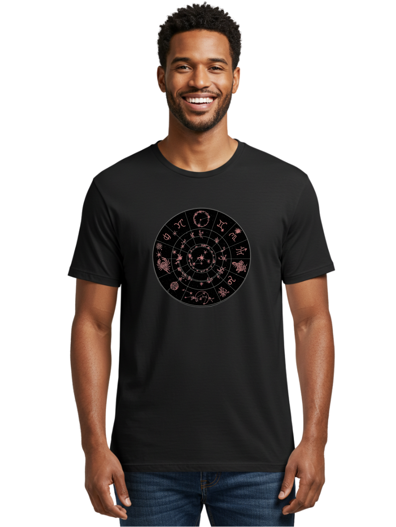 Zodiac-Wheel-1 Men'S Graphic Tee, 100% Cotton, Comfortable Casual Summer Wear, Machine Washable, Zodiac Signs, Astrology Chart, Mystical Symbols, Stars And Constellations, Horoscope Wheel, Spiritual Emblem, Celestial Map, Pink Illustrations Bae343