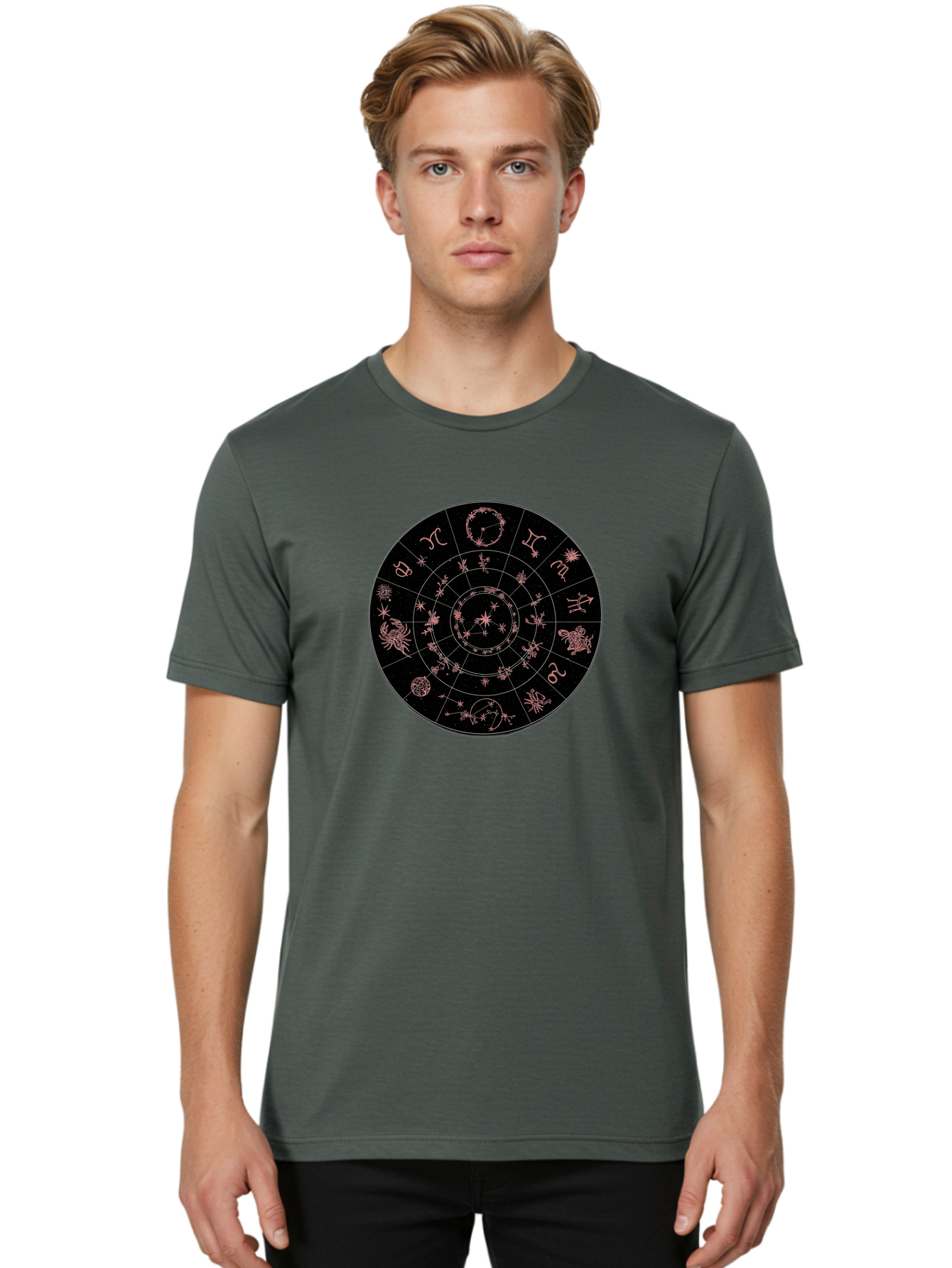 Zodiac-Wheel-1 Men'S Graphic Tee, 100% Cotton, Comfortable Casual Summer Wear, Machine Washable, Zodiac Signs, Astrology Chart, Mystical Symbols, Stars And Constellations, Horoscope Wheel, Spiritual Emblem, Celestial Map, Pink Illustrations Bae343