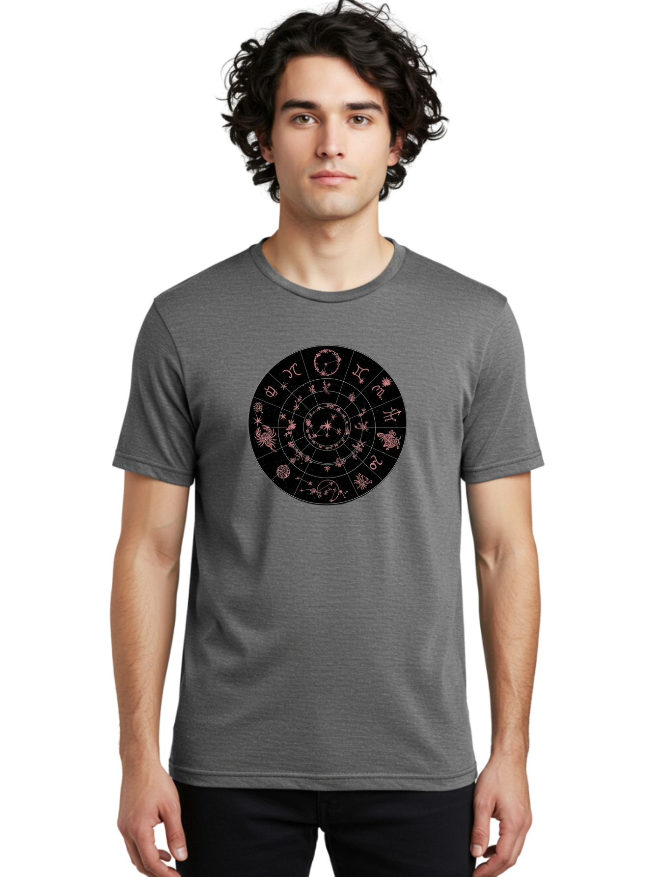 Zodiac-Wheel-1 Men'S Graphic Tee, 100% Cotton, Comfortable Casual Summer Wear, Machine Washable, Zodiac Signs, Astrology Chart, Mystical Symbols, Stars And Constellations, Horoscope Wheel, Spiritual Emblem, Celestial Map, Pink Illustrations Bae343