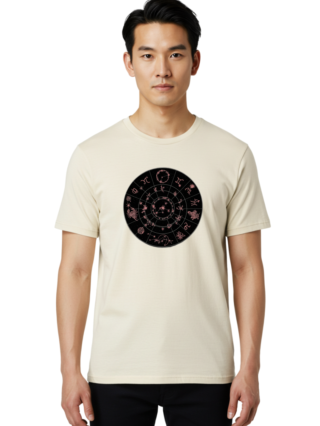 Zodiac-Wheel-1 Men'S Graphic Tee, 100% Cotton, Comfortable Casual Summer Wear, Machine Washable, Zodiac Signs, Astrology Chart, Mystical Symbols, Stars And Constellations, Horoscope Wheel, Spiritual Emblem, Celestial Map, Pink Illustrations Bae343