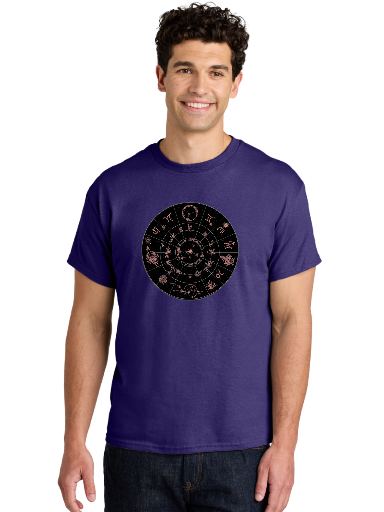 Zodiac-Wheel-1 Men'S Graphic Tee, 100% Cotton, Comfortable Casual Summer Wear, Machine Washable, Zodiac Signs, Astrology Chart, Mystical Symbols, Stars And Constellations, Horoscope Wheel, Spiritual Emblem, Celestial Map, Pink Illustrations Bae343
