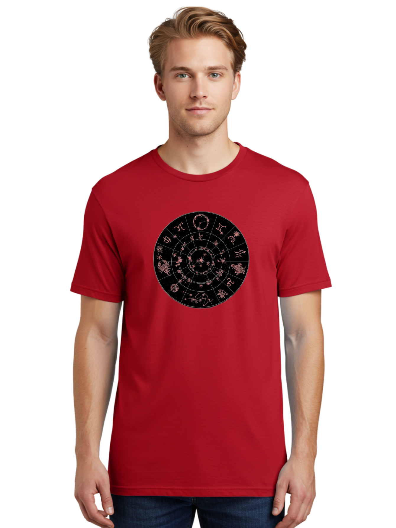 Zodiac-Wheel-1 Men'S Graphic Tee, 100% Cotton, Comfortable Casual Summer Wear, Machine Washable, Zodiac Signs, Astrology Chart, Mystical Symbols, Stars And Constellations, Horoscope Wheel, Spiritual Emblem, Celestial Map, Pink Illustrations Bae343
