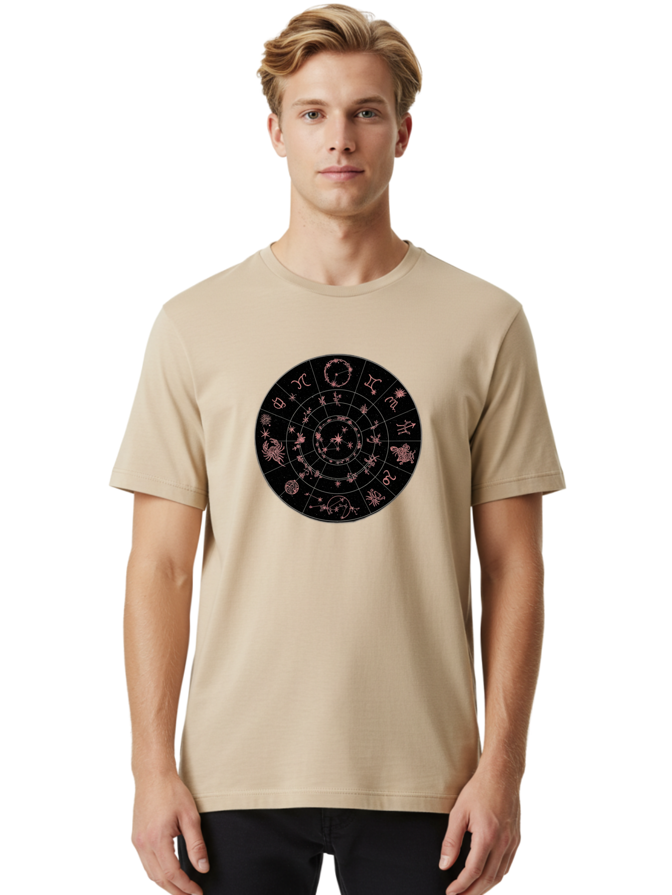 Zodiac-Wheel-1 Men'S Graphic Tee, 100% Cotton, Comfortable Casual Summer Wear, Machine Washable, Zodiac Signs, Astrology Chart, Mystical Symbols, Stars And Constellations, Horoscope Wheel, Spiritual Emblem, Celestial Map, Pink Illustrations Bae343