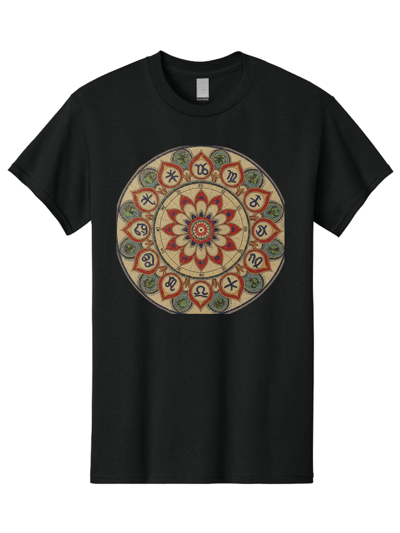 Zodiac-Wheel-Mandala Men'S Graphic Tee, 100% Cotton, Comfortable Casual Summer Wear, Machine Washable, Zodiac Wheel, Astrology, Mandala Art, Esoteric Symbols, Spiritual Design, Mystical Patterns, Red And Blue Petals, Symbolic Representation, Bae344