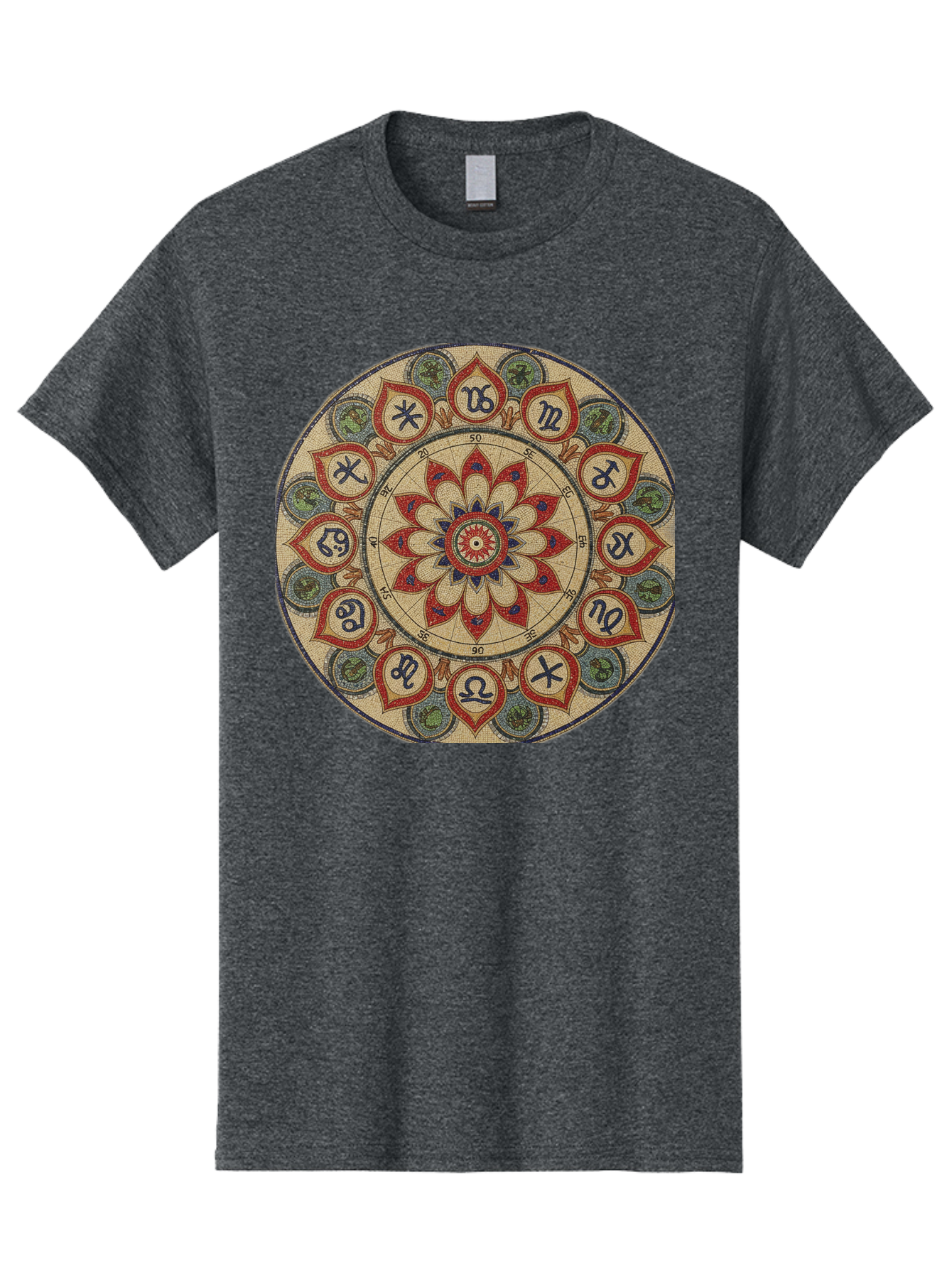 Zodiac-Wheel-Mandala Men'S Graphic Tee, 100% Cotton, Comfortable Casual Summer Wear, Machine Washable, Zodiac Wheel, Astrology, Mandala Art, Esoteric Symbols, Spiritual Design, Mystical Patterns, Red And Blue Petals, Symbolic Representation, Bae344