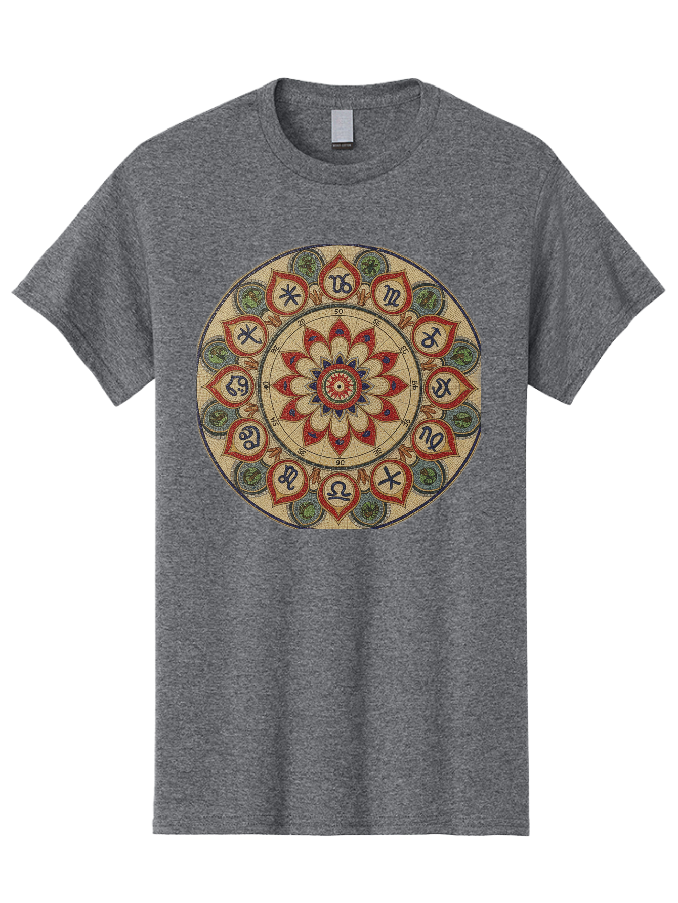 Zodiac-Wheel-Mandala Men'S Graphic Tee, 100% Cotton, Comfortable Casual Summer Wear, Machine Washable, Zodiac Wheel, Astrology, Mandala Art, Esoteric Symbols, Spiritual Design, Mystical Patterns, Red And Blue Petals, Symbolic Representation, Bae344