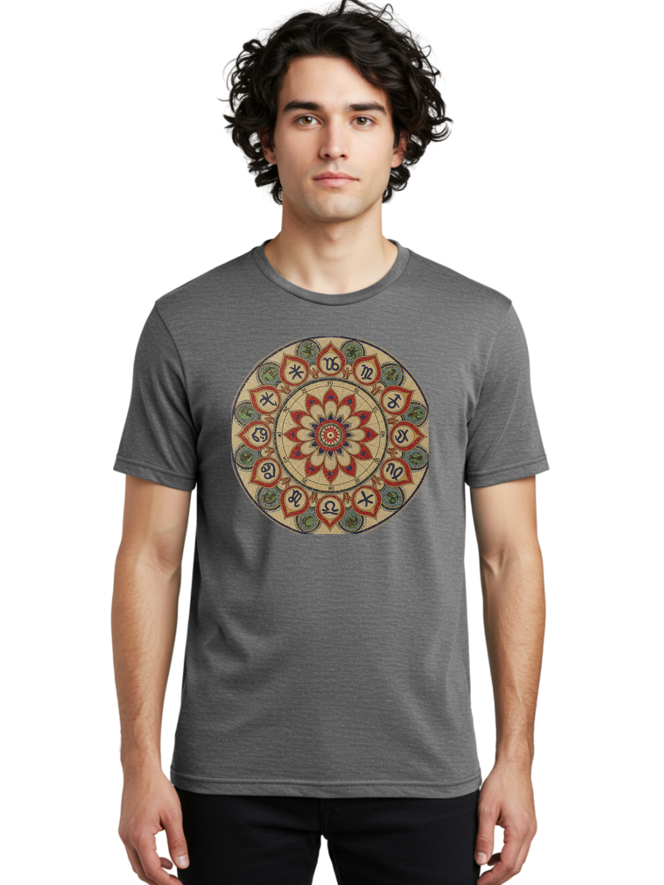 Zodiac-Wheel-Mandala Men'S Graphic Tee, 100% Cotton, Comfortable Casual Summer Wear, Machine Washable, Zodiac Wheel, Astrology, Mandala Art, Esoteric Symbols, Spiritual Design, Mystical Patterns, Red And Blue Petals, Symbolic Representation, Bae344