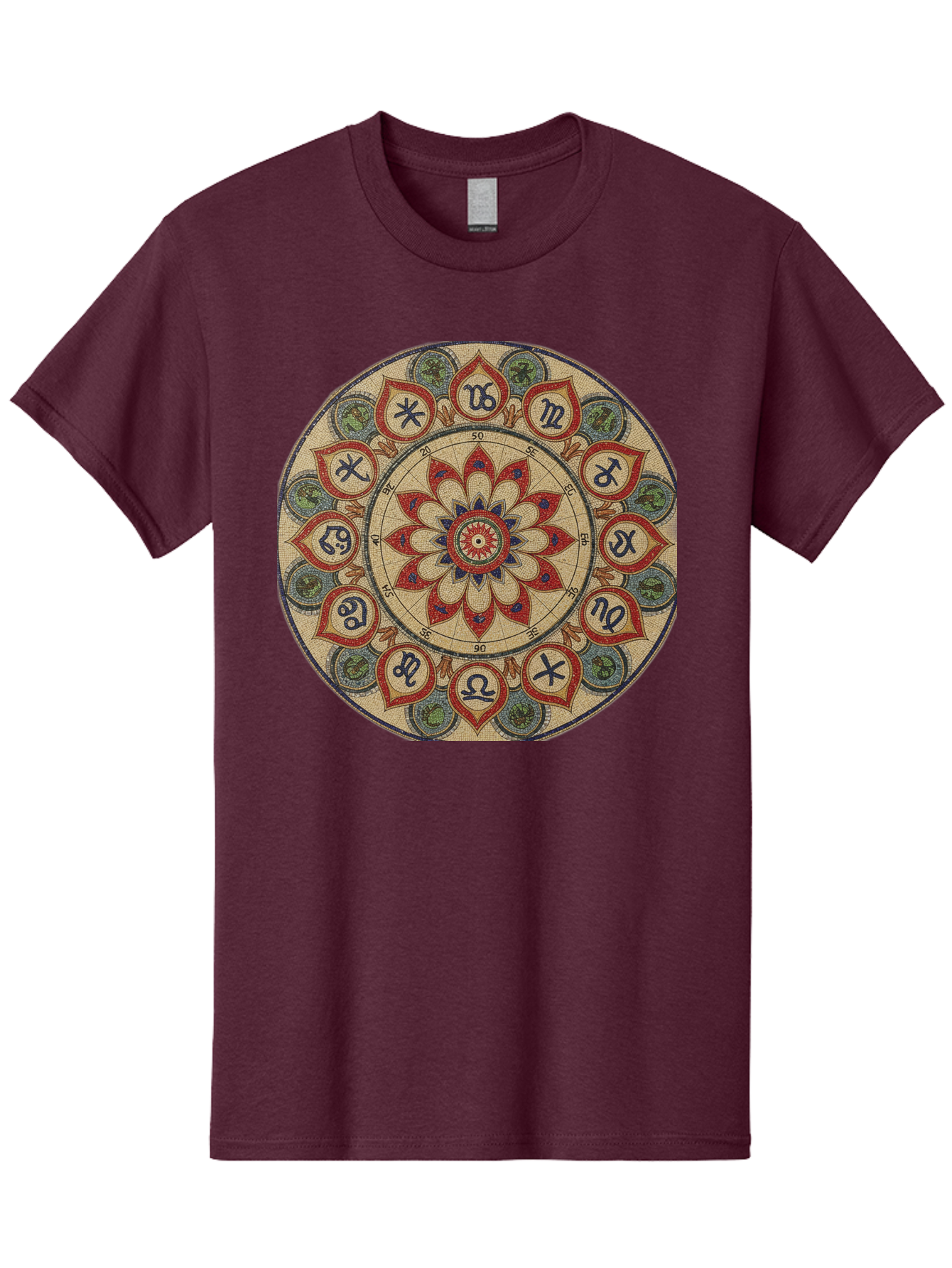 Zodiac-Wheel-Mandala Men'S Graphic Tee, 100% Cotton, Comfortable Casual Summer Wear, Machine Washable, Zodiac Wheel, Astrology, Mandala Art, Esoteric Symbols, Spiritual Design, Mystical Patterns, Red And Blue Petals, Symbolic Representation, Bae344