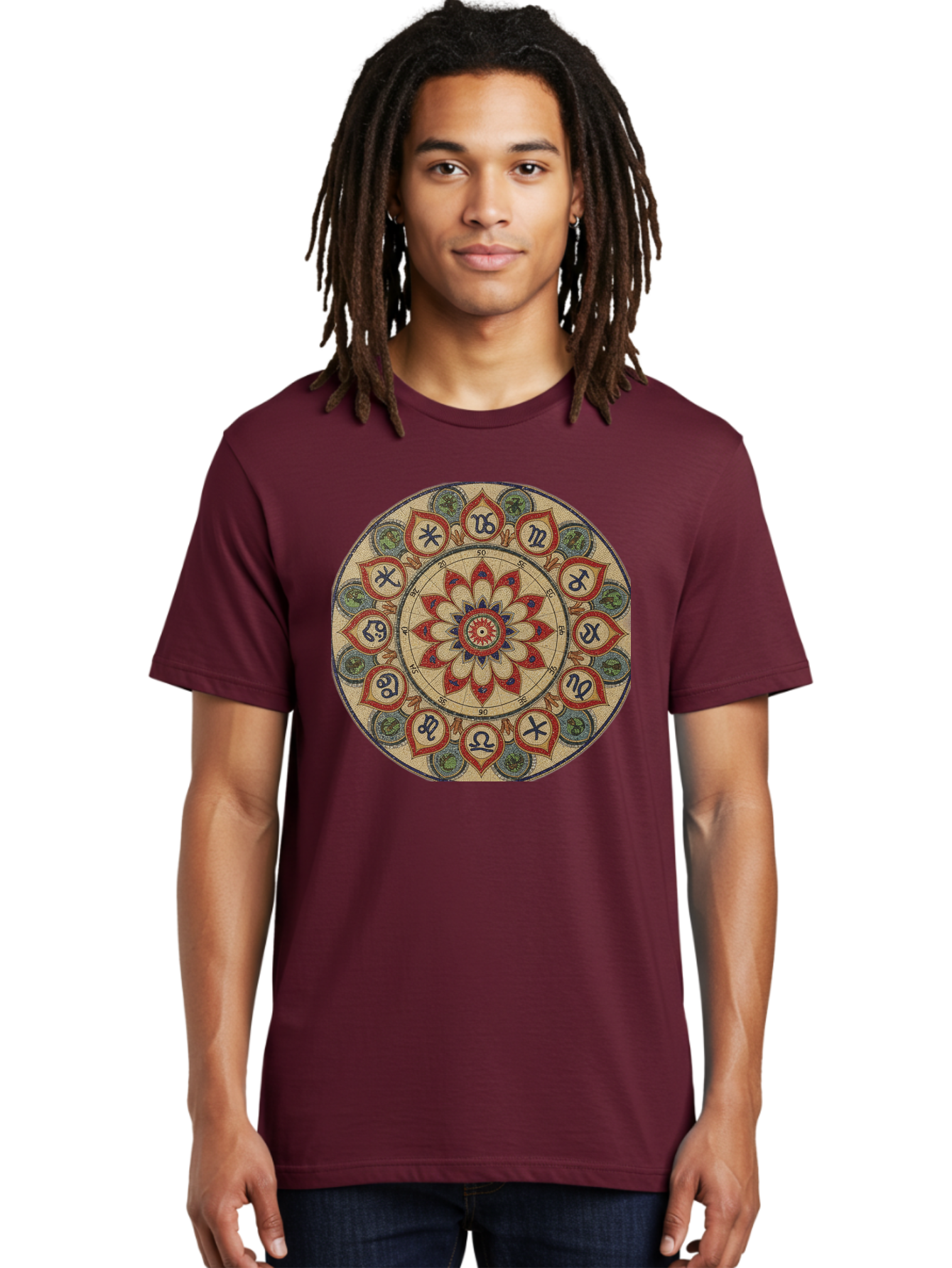Zodiac-Wheel-Mandala Men'S Graphic Tee, 100% Cotton, Comfortable Casual Summer Wear, Machine Washable, Zodiac Wheel, Astrology, Mandala Art, Esoteric Symbols, Spiritual Design, Mystical Patterns, Red And Blue Petals, Symbolic Representation, Bae344