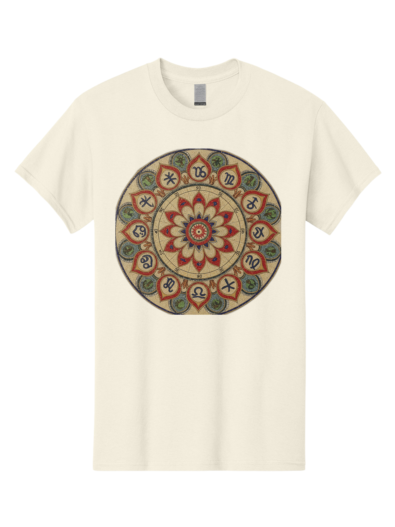 Zodiac-Wheel-Mandala Men'S Graphic Tee, 100% Cotton, Comfortable Casual Summer Wear, Machine Washable, Zodiac Wheel, Astrology, Mandala Art, Esoteric Symbols, Spiritual Design, Mystical Patterns, Red And Blue Petals, Symbolic Representation, Bae344