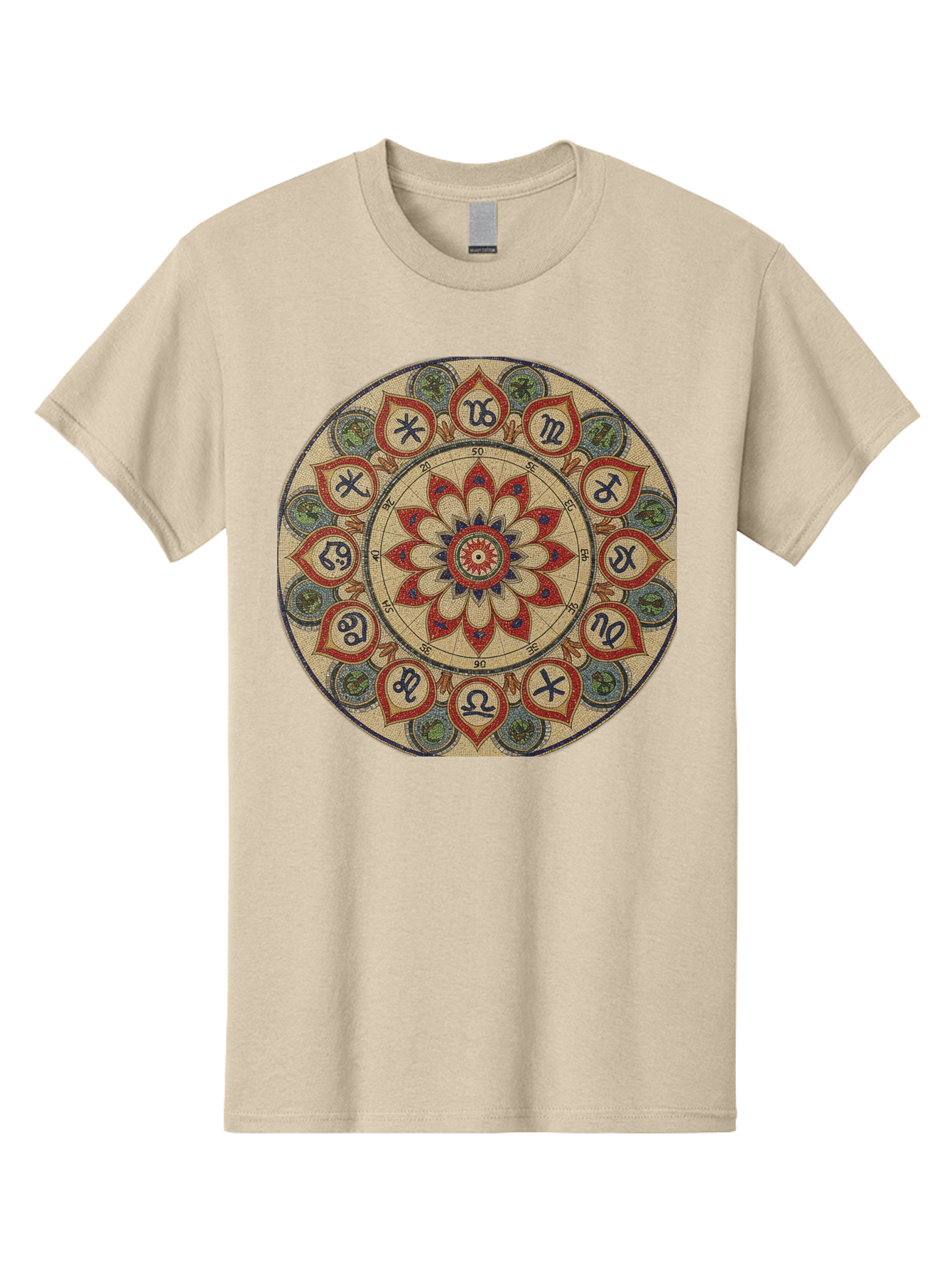 Zodiac-Wheel-Mandala Men'S Graphic Tee, 100% Cotton, Comfortable Casual Summer Wear, Machine Washable, Zodiac Wheel, Astrology, Mandala Art, Esoteric Symbols, Spiritual Design, Mystical Patterns, Red And Blue Petals, Symbolic Representation, Bae344