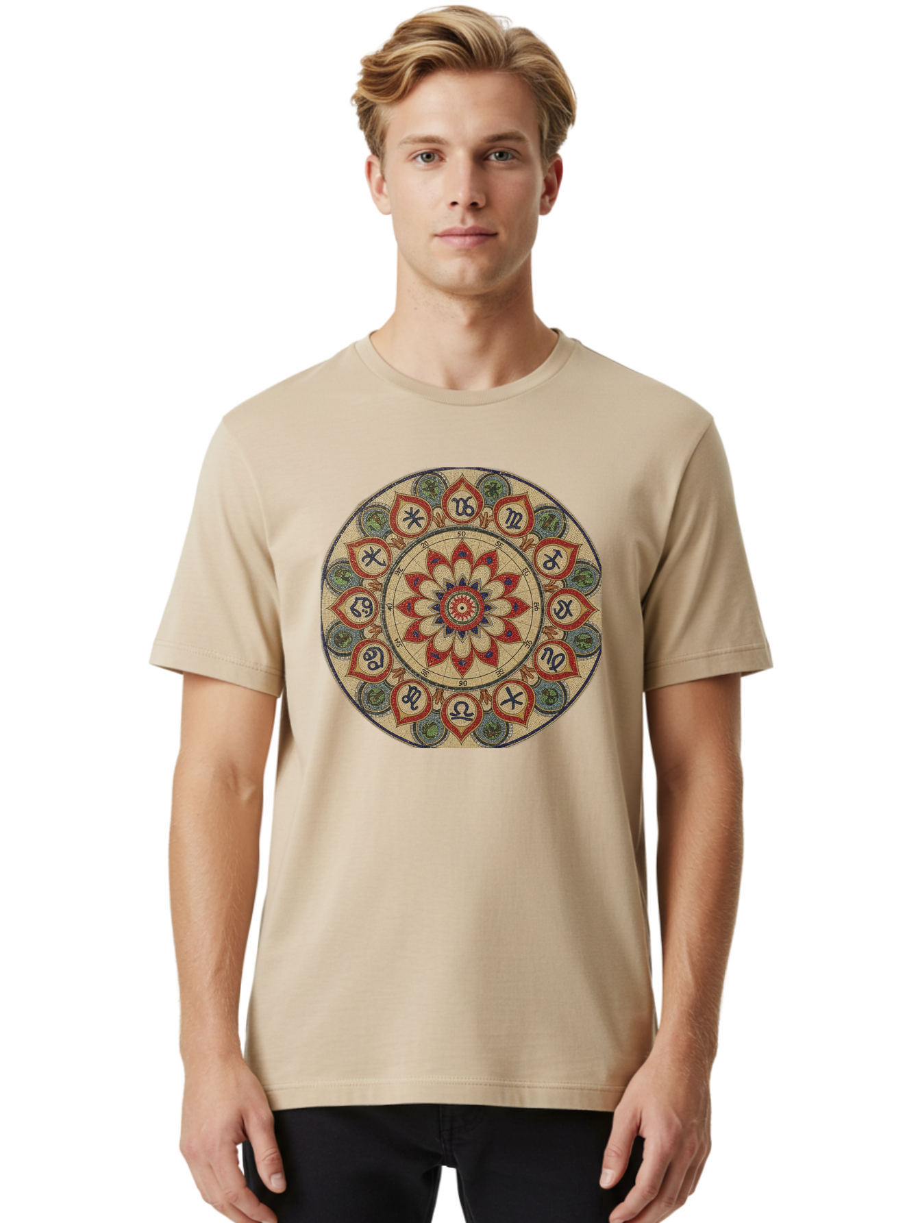 Zodiac-Wheel-Mandala Men'S Graphic Tee, 100% Cotton, Comfortable Casual Summer Wear, Machine Washable, Zodiac Wheel, Astrology, Mandala Art, Esoteric Symbols, Spiritual Design, Mystical Patterns, Red And Blue Petals, Symbolic Representation, Bae344