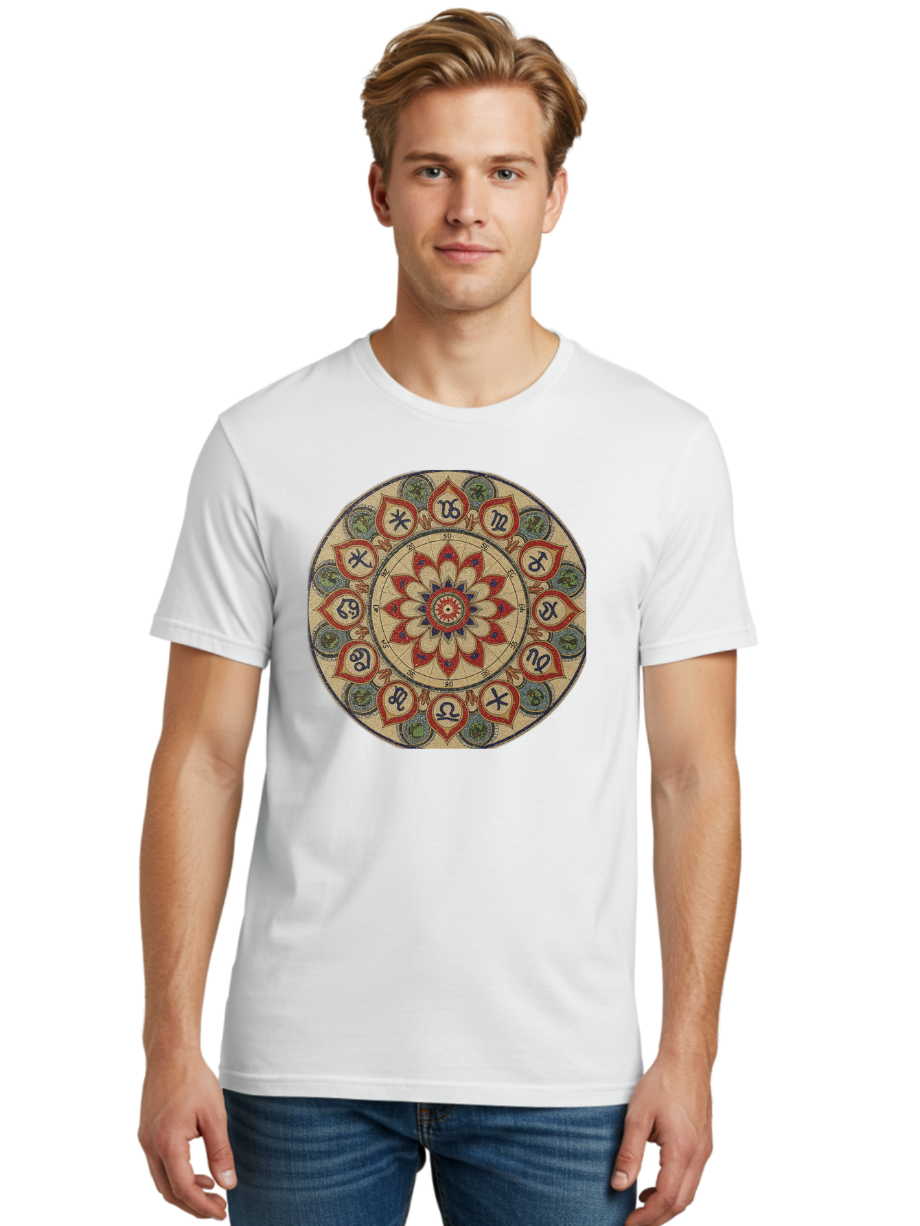 Zodiac-Wheel-Mandala Men'S Graphic Tee, 100% Cotton, Comfortable Casual Summer Wear, Machine Washable, Zodiac Wheel, Astrology, Mandala Art, Esoteric Symbols, Spiritual Design, Mystical Patterns, Red And Blue Petals, Symbolic Representation, Bae344