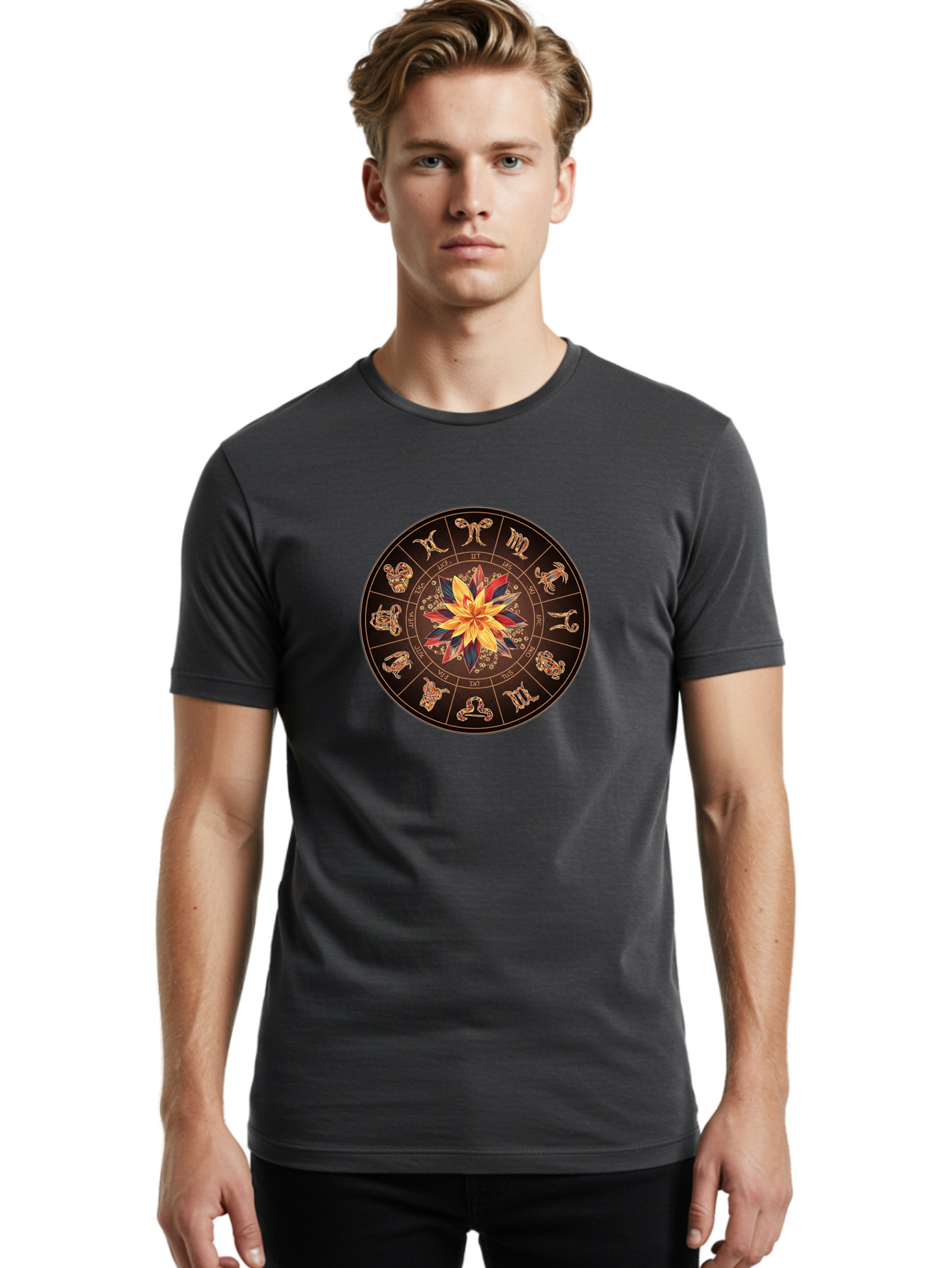 Zodiac-Wheel Men'S Graphic Tee, 100% Cotton, Comfortable Casual Summer Wear, Machine Washable, Zodiac Wheel, Astrology Symbols, Star Signs, Mystical Design, Colorful Flower, Gold Accents, Spiritual Significance, Celestial Body, Bae345