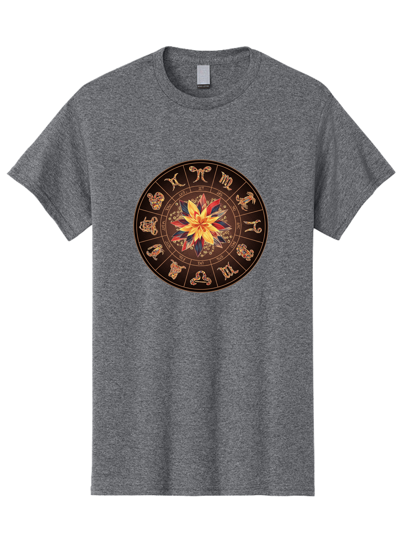 Zodiac-Wheel Men'S Graphic Tee, 100% Cotton, Comfortable Casual Summer Wear, Machine Washable, Zodiac Wheel, Astrology Symbols, Star Signs, Mystical Design, Colorful Flower, Gold Accents, Spiritual Significance, Celestial Body, Bae345