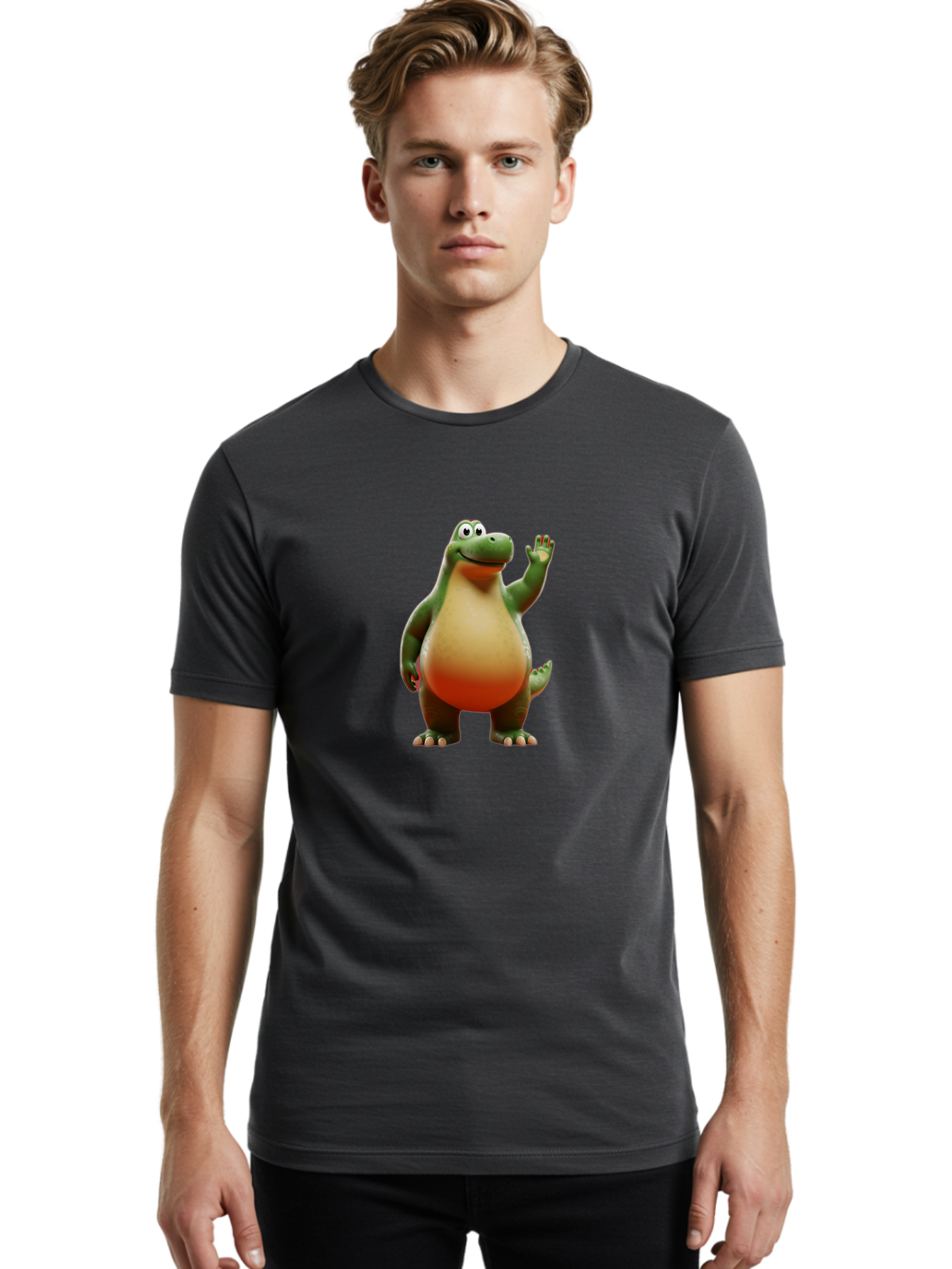 Arlo-1 Men'S Graphic Tee, 100% Cotton, Comfortable Casual Summer Wear, Machine Washable, Cartoon Dinosaur, Friendly Dinosaur, Green And Orange Dinosaur, Dinosaur Waving, Animated Character, Dinosaur Illustration, Children'S Character, Bae354