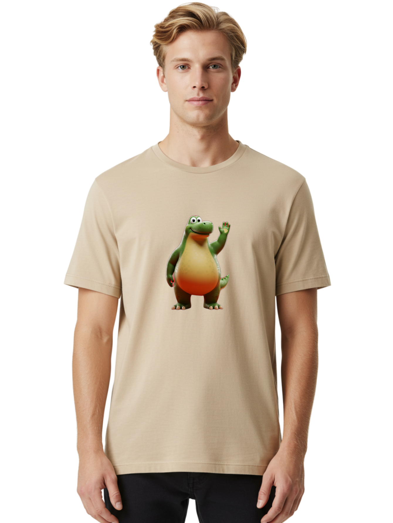 Arlo-1 Men'S Graphic Tee, 100% Cotton, Comfortable Casual Summer Wear, Machine Washable, Cartoon Dinosaur, Friendly Dinosaur, Green And Orange Dinosaur, Dinosaur Waving, Animated Character, Dinosaur Illustration, Children'S Character, Bae354