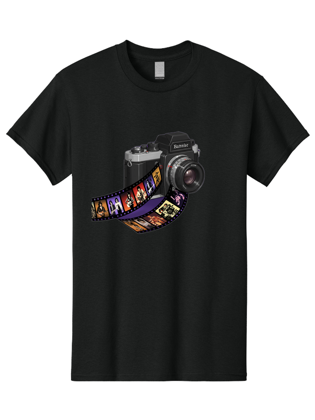 Bannke-Camera Men'S Graphic Tee, 100% Cotton, Comfortable Casual Summer Wear, Machine Washable, Vintage Camera, Film Strip, Photography, Bannke, Retro Style, Black And Silver, Lens, Camera Body, Film Reel, Photographers Bae357