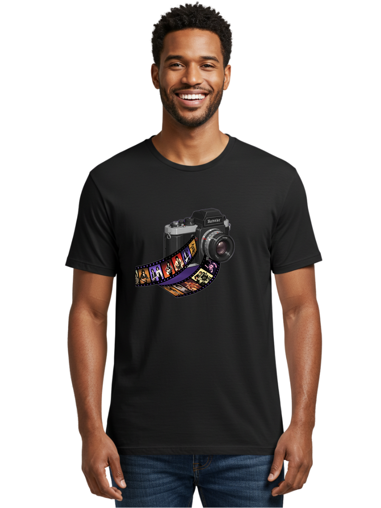 Bannke-Camera Men'S Graphic Tee, 100% Cotton, Comfortable Casual Summer Wear, Machine Washable, Vintage Camera, Film Strip, Photography, Bannke, Retro Style, Black And Silver, Lens, Camera Body, Film Reel, Photographers Bae357