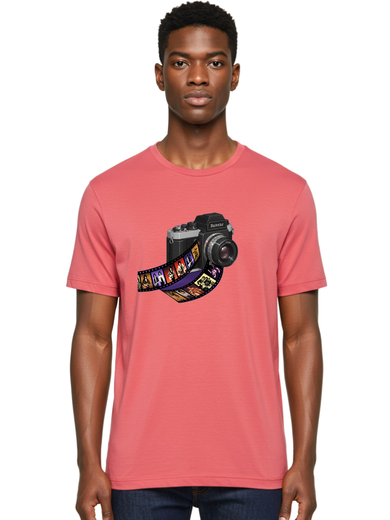 Bannke-Camera Men'S Graphic Tee, 100% Cotton, Comfortable Casual Summer Wear, Machine Washable, Vintage Camera, Film Strip, Photography, Bannke, Retro Style, Black And Silver, Lens, Camera Body, Film Reel, Photographers Bae357