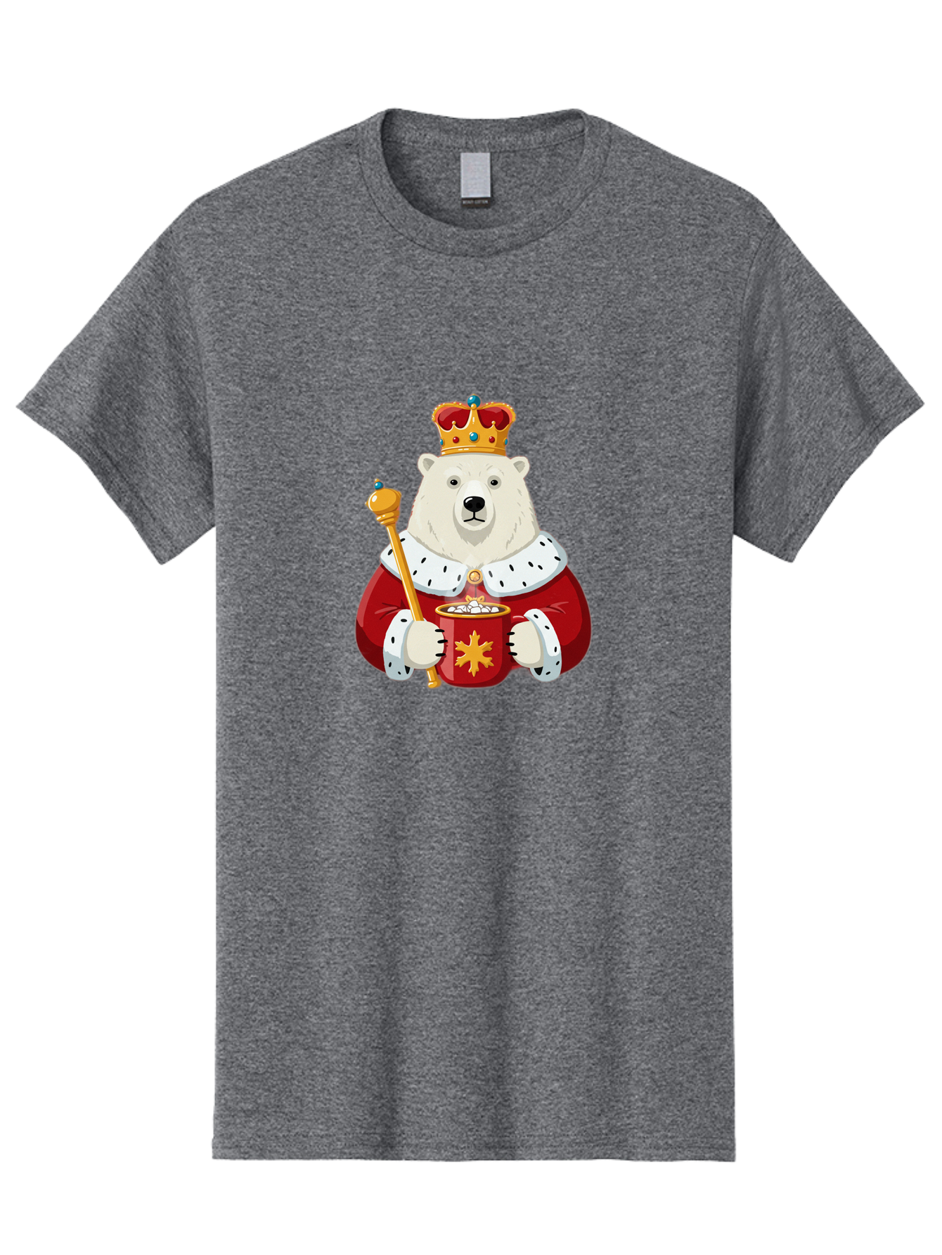 Bear-King Men'S Graphic Tee, 100% Cotton, Comfortable Casual Summer Wear, Machine Washable, Polar Bear Wearing Crown, Red Robe, White Fur, Sceptre In Paw, Ornate Collar, Monarch Attire, Regal Bear, Cartoon Style, Majestic Animal, Bae358