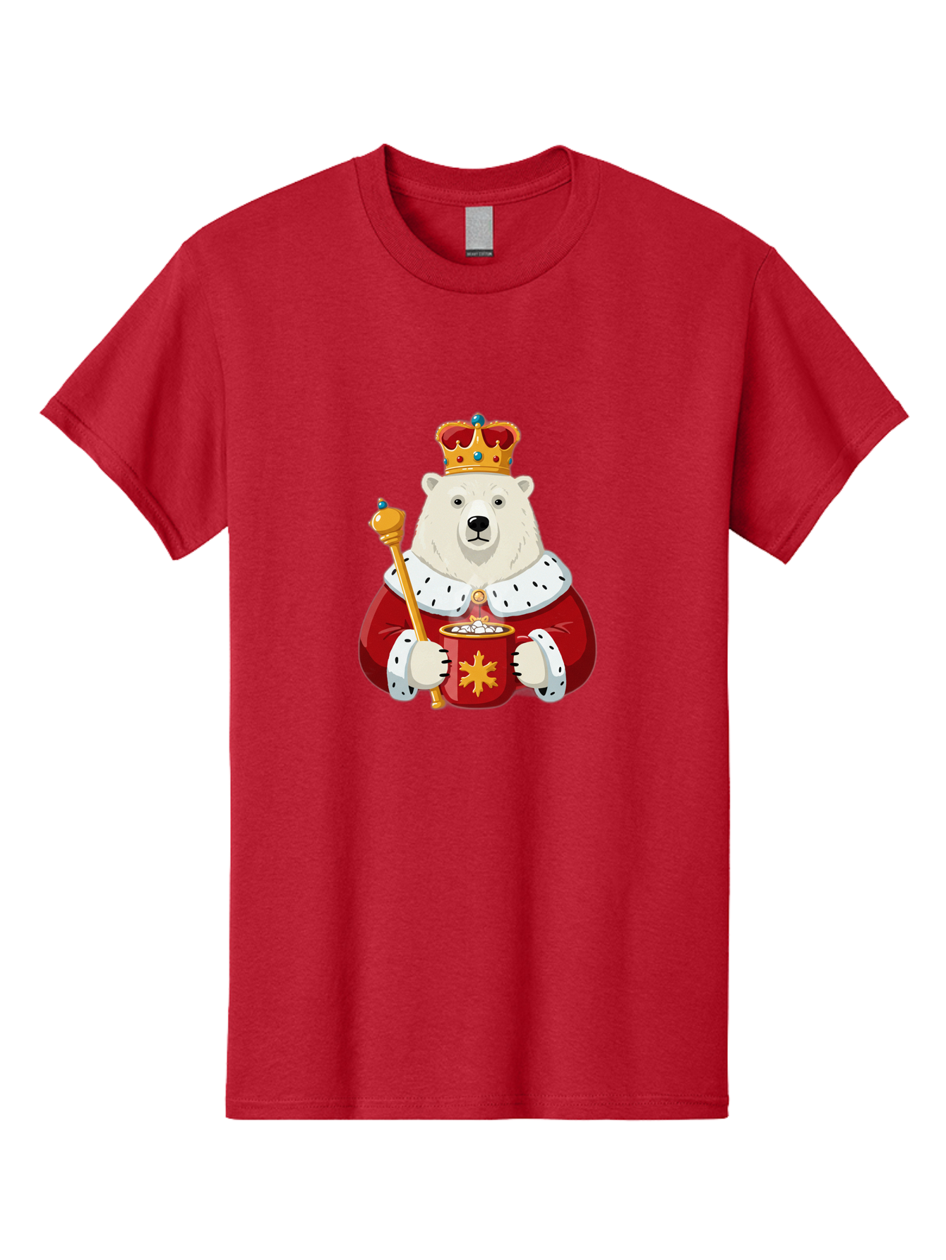 Bear-King Men'S Graphic Tee, 100% Cotton, Comfortable Casual Summer Wear, Machine Washable, Polar Bear Wearing Crown, Red Robe, White Fur, Sceptre In Paw, Ornate Collar, Monarch Attire, Regal Bear, Cartoon Style, Majestic Animal, Bae358
