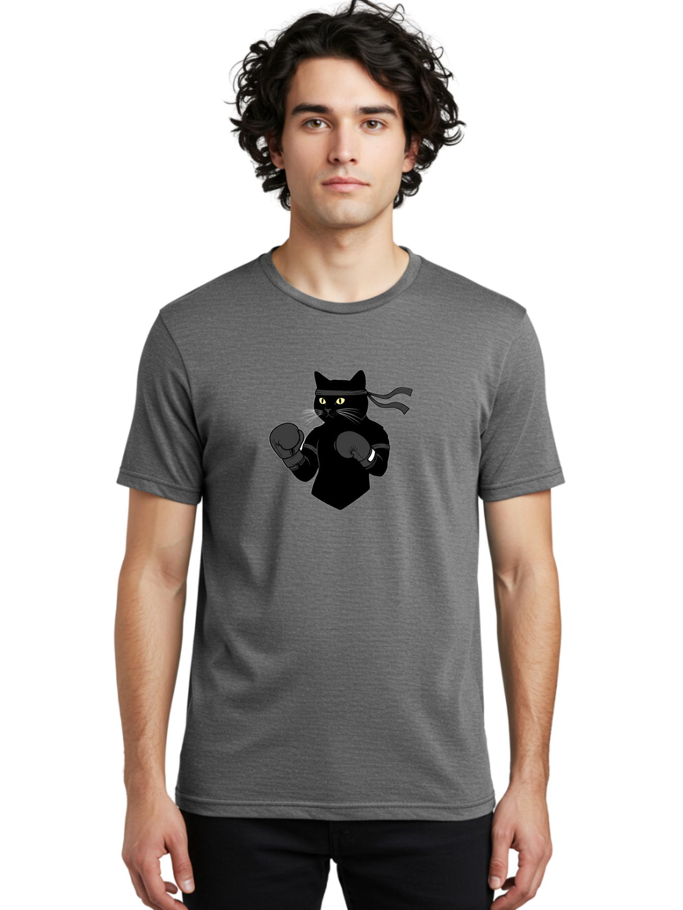 Black-Cat-Ninja-Boxing Men'S Graphic Tee, 100% Cotton, Comfortable Casual Summer Wear, Machine Washable, Ninja Cat, Black Cat, Boxing Gloves, Martial Arts, Ninja Costume, Cartoon Character, Fighting Stance, Funny Animal, Ninja Mask, Cute Cat Bae360