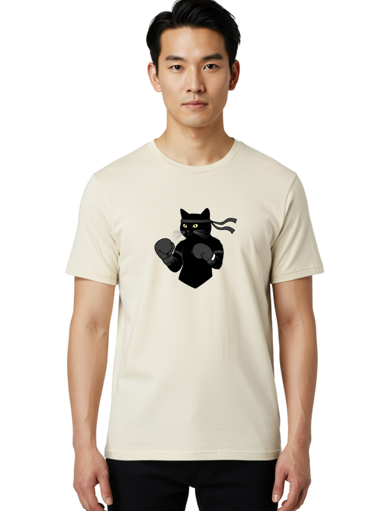 Black-Cat-Ninja-Boxing Men'S Graphic Tee, 100% Cotton, Comfortable Casual Summer Wear, Machine Washable, Ninja Cat, Black Cat, Boxing Gloves, Martial Arts, Ninja Costume, Cartoon Character, Fighting Stance, Funny Animal, Ninja Mask, Cute Cat Bae360